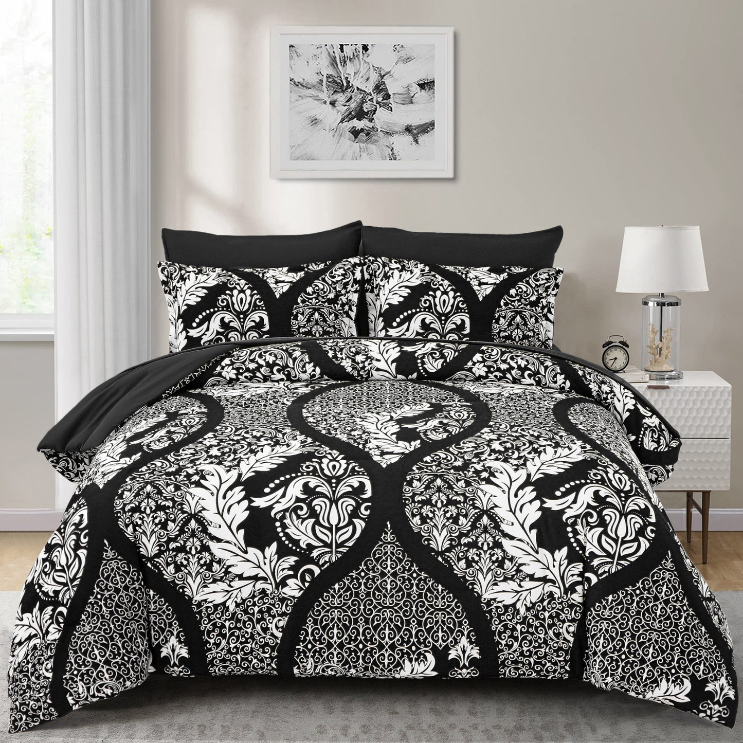 WONGS BEDDING White Paisley Bed in a Bag Queen Size,Soft 7pcs Comforter Microfiber All Ages(90"X96")