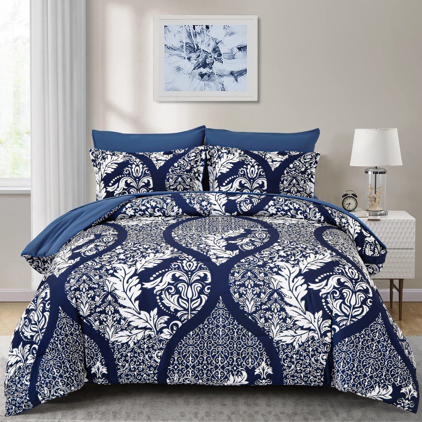 WONGS BEDDING Blue Paisley 7pcs Comforter Queen Size,Soft Bed in a Bag Microfiber All Ages(90"X96")