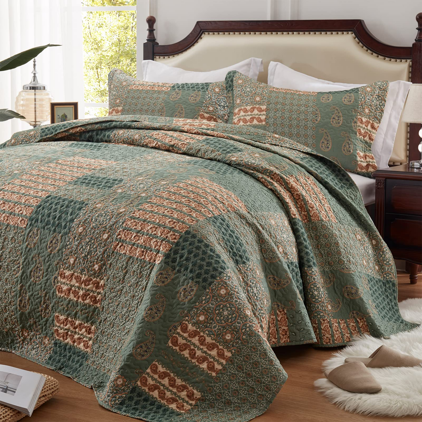 WONGS BEDDING Grid Patchwork Quilt Set Queen Size,3 Pcs Green Bedspread Set Lightweight Coverlet(90"x 96")