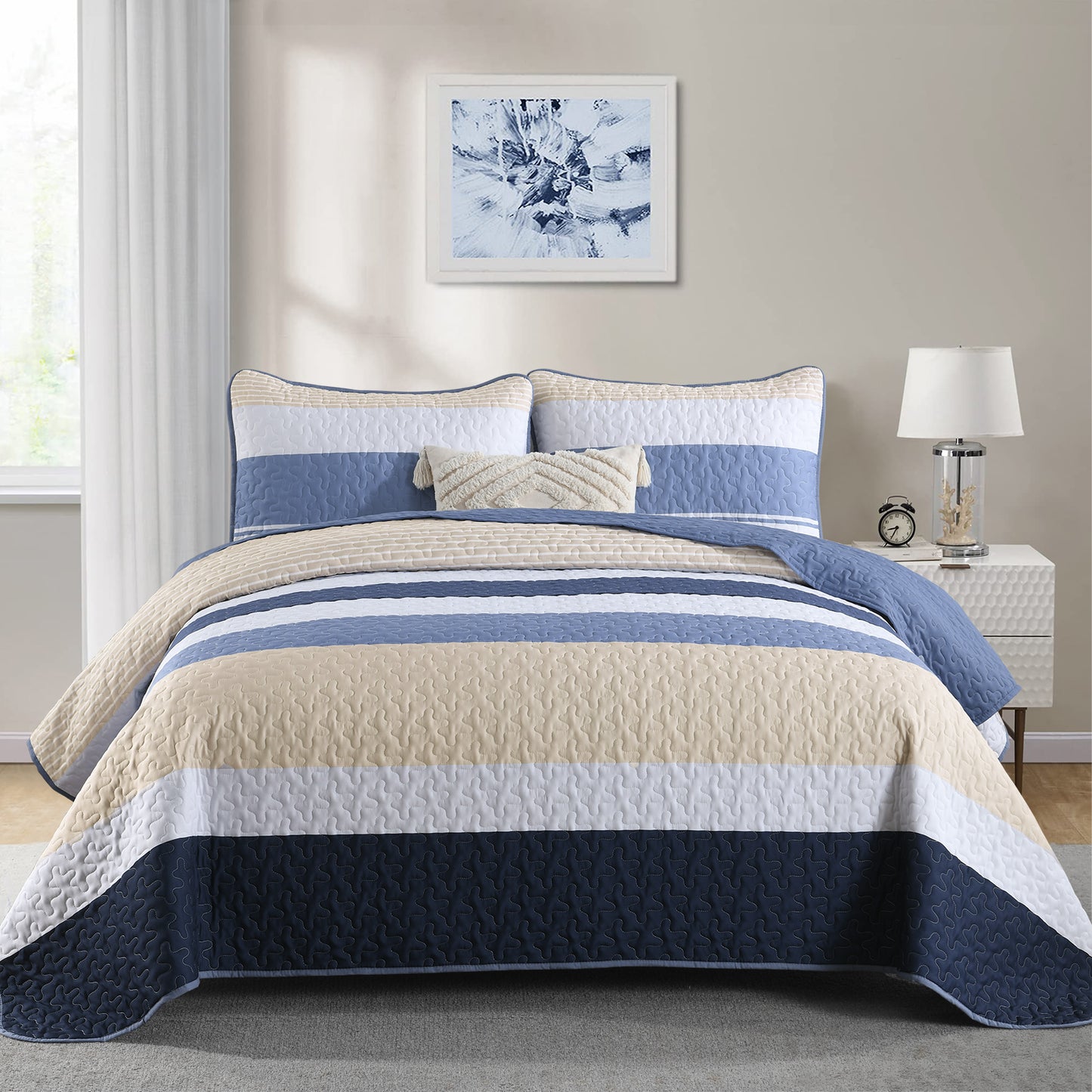 WONGS BEDDING Quilt Set Queen Size Stripe Splicing,3Pcs Boho Bedding Set Soft Bedspread Adult(90"x96")
