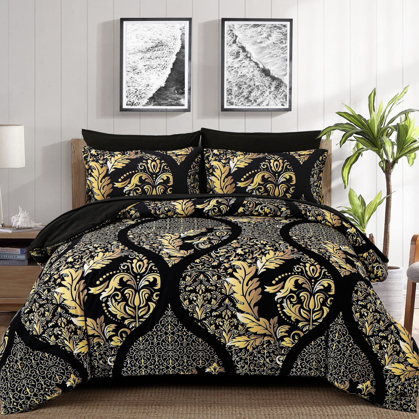 WONGS BEDDING Glod Paisley 7pcs Comforter Queen Size,Soft Bed in a Bag Microfiber All Ages(90"X96")