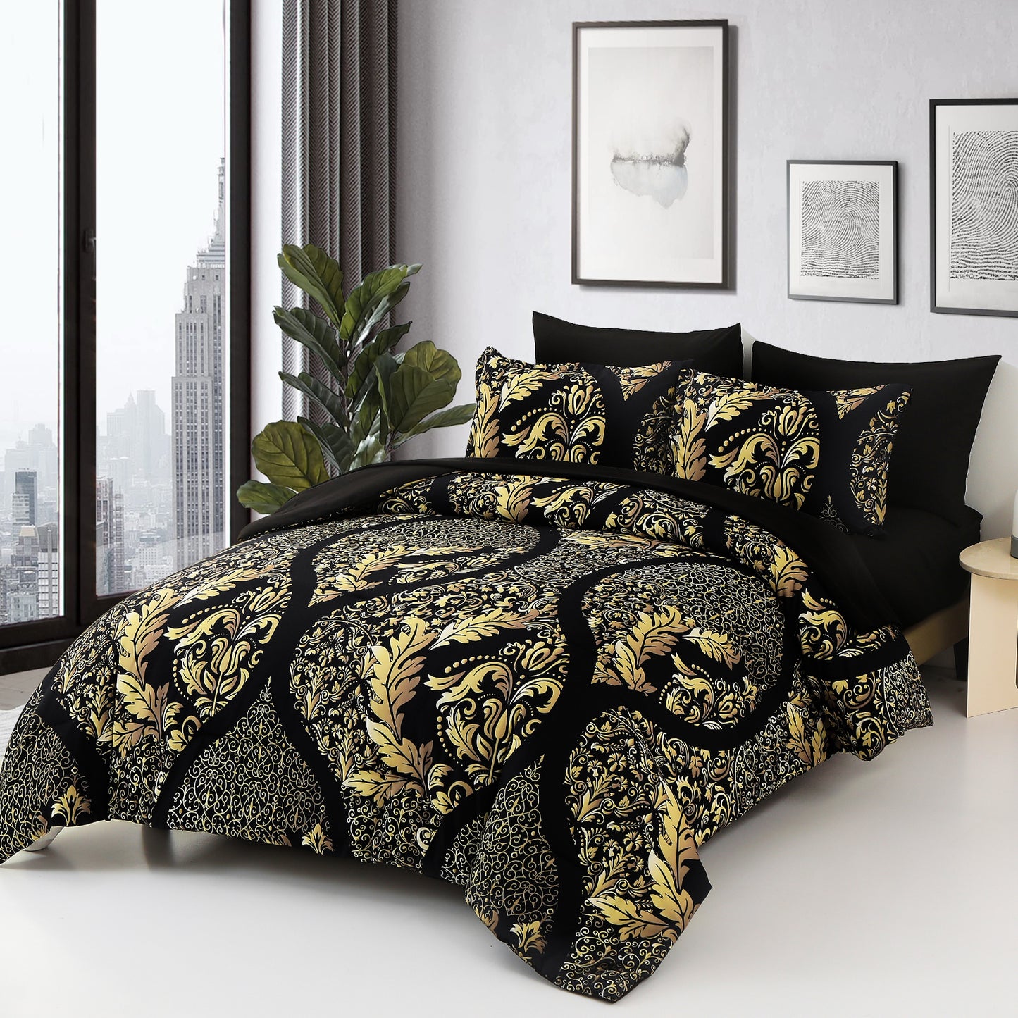 WONGS BEDDING Glod Paisley 7pcs Comforter Queen Size,Soft Bed in a Bag Microfiber All Ages(90"X96")