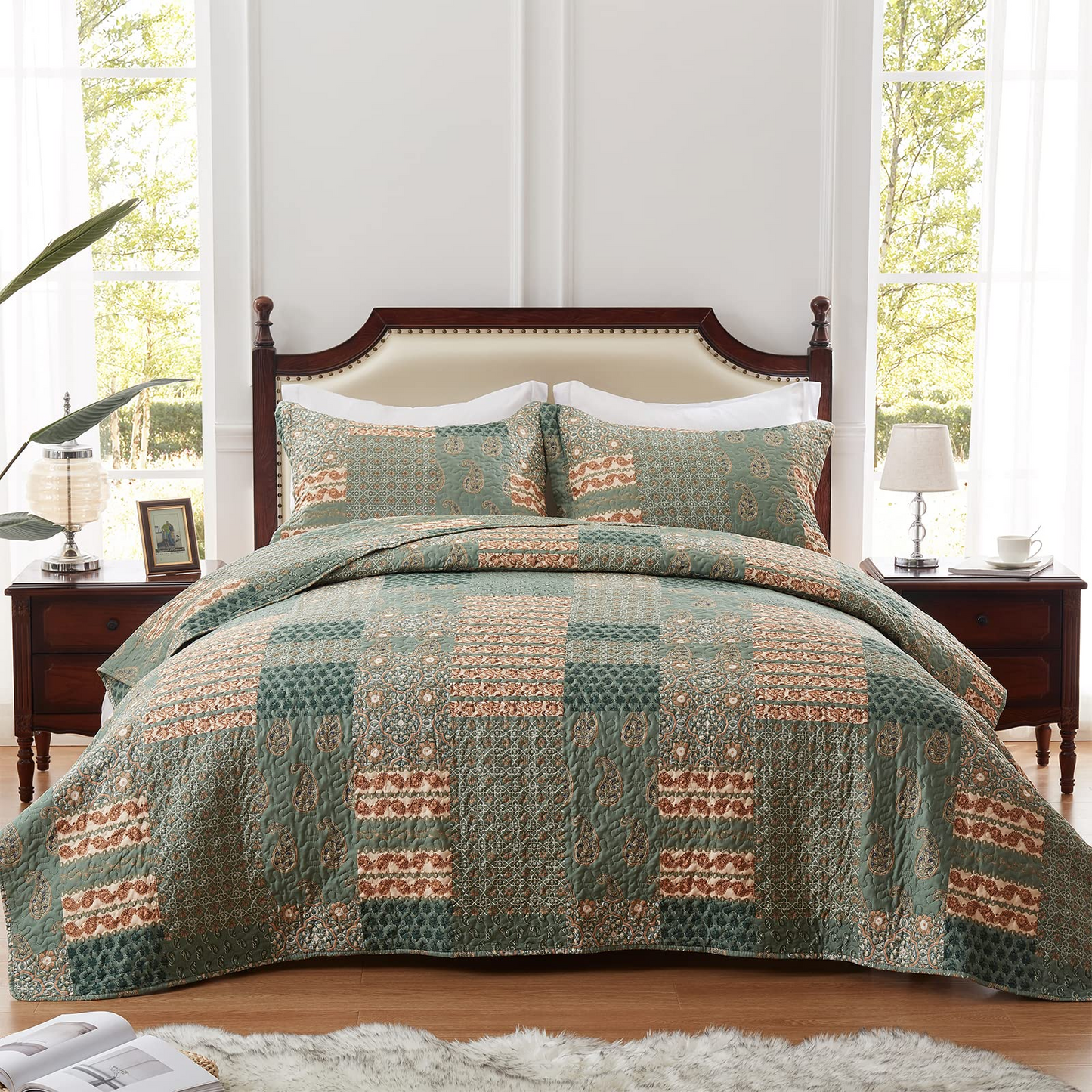 WONGS BEDDING Grid Patchwork Quilt Set Queen Size,3 Pcs Green Bedspread Set Lightweight Coverlet(90"x 96")