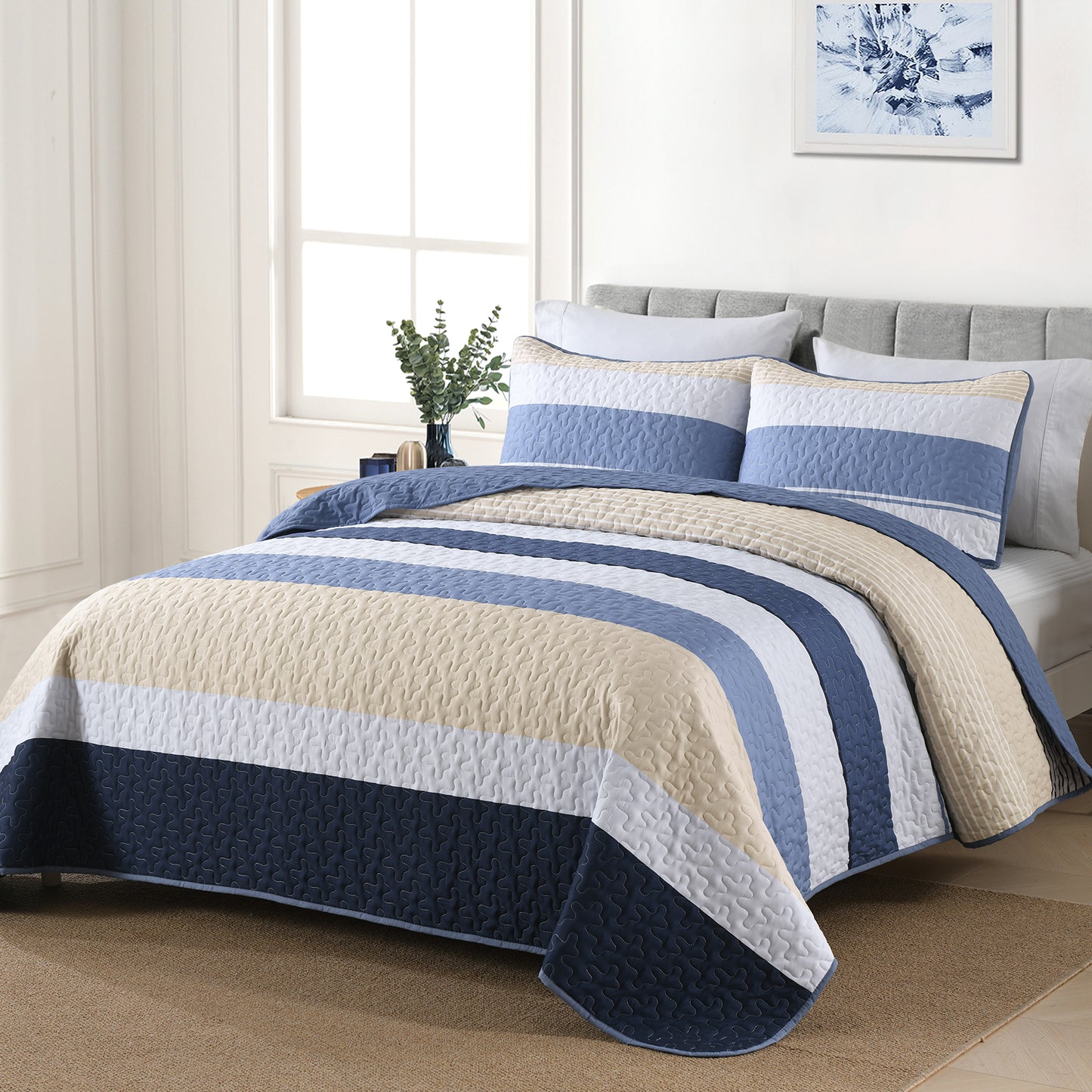 WONGS BEDDING Quilt Set Queen Size Stripe Splicing,3Pcs Boho Bedding Set Soft Bedspread Adult(90"x96")