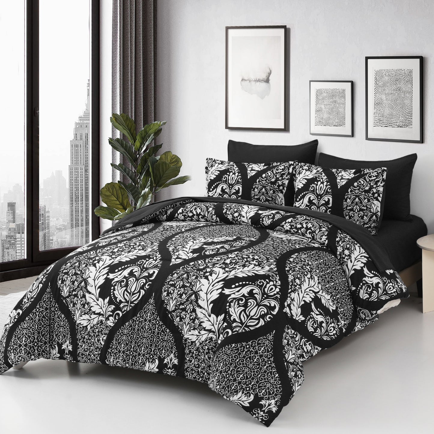 WONGS BEDDING White Paisley Bed in a Bag Queen Size,Soft 7pcs Comforter Microfiber All Ages(90"X96")