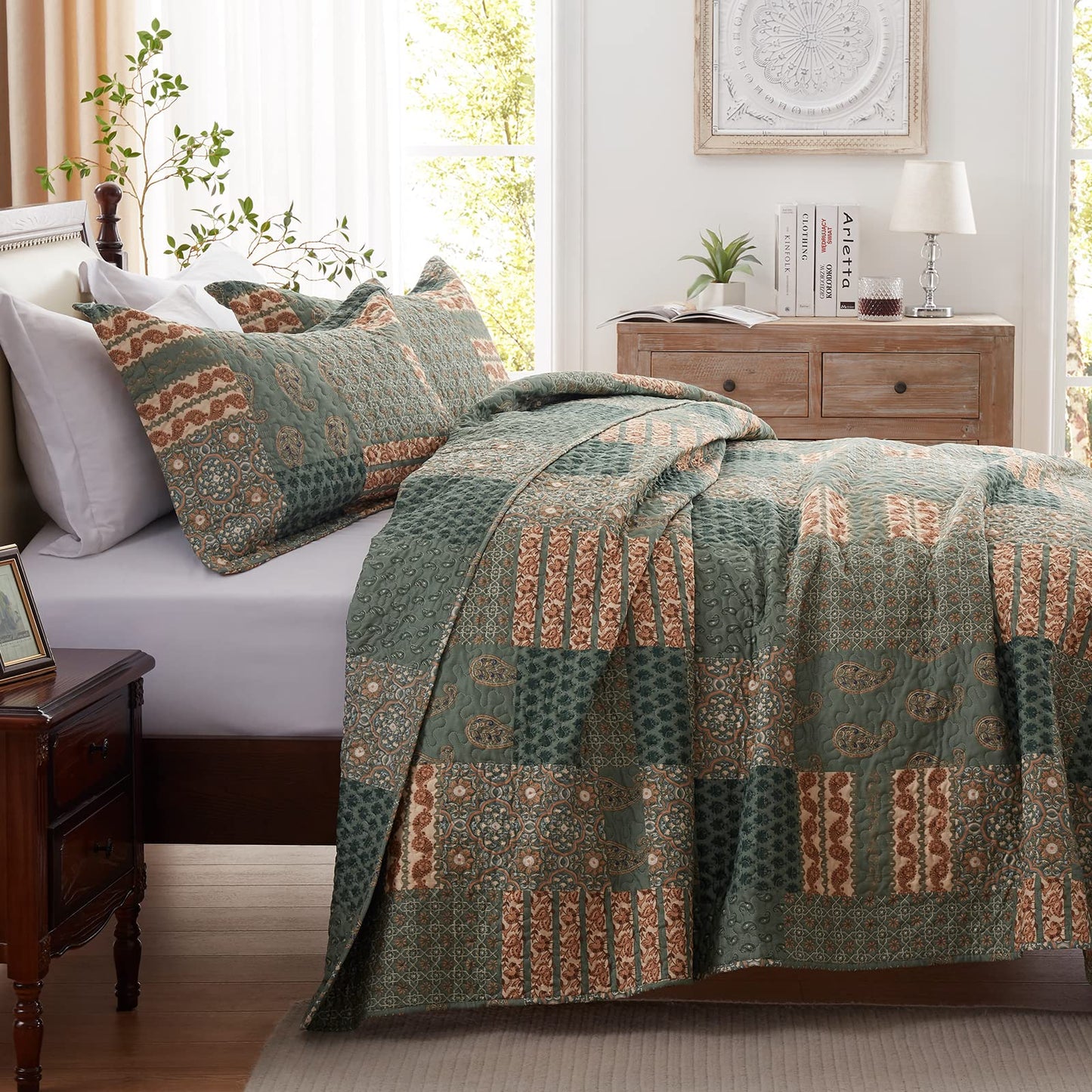WONGS BEDDING Grid Patchwork Quilt Set Queen Size,3 Pcs Green Bedspread Set Lightweight Coverlet(90"x 96")