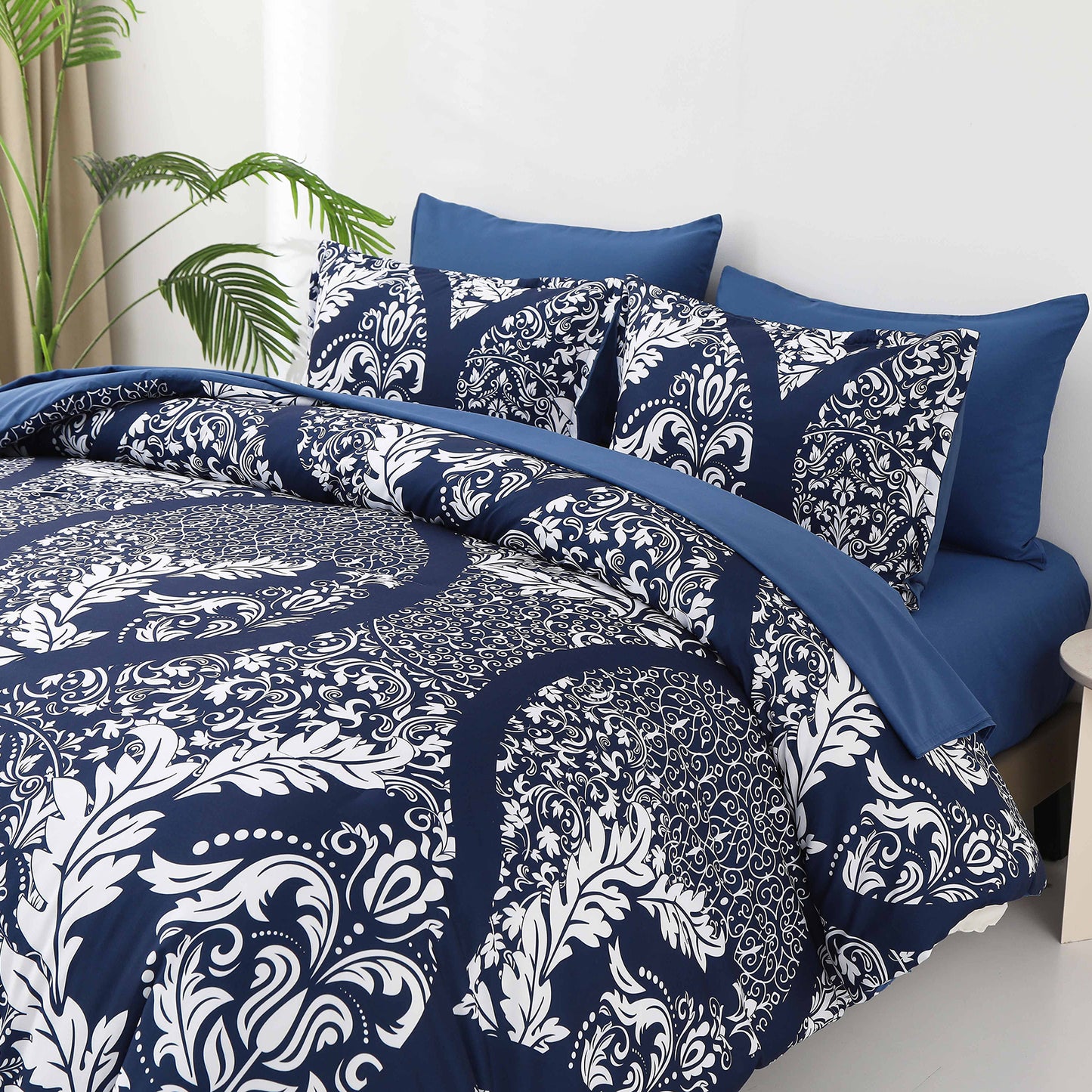 WONGS BEDDING Blue Paisley 7pcs Comforter Queen Size,Soft Bed in a Bag Microfiber All Ages(90"X96")