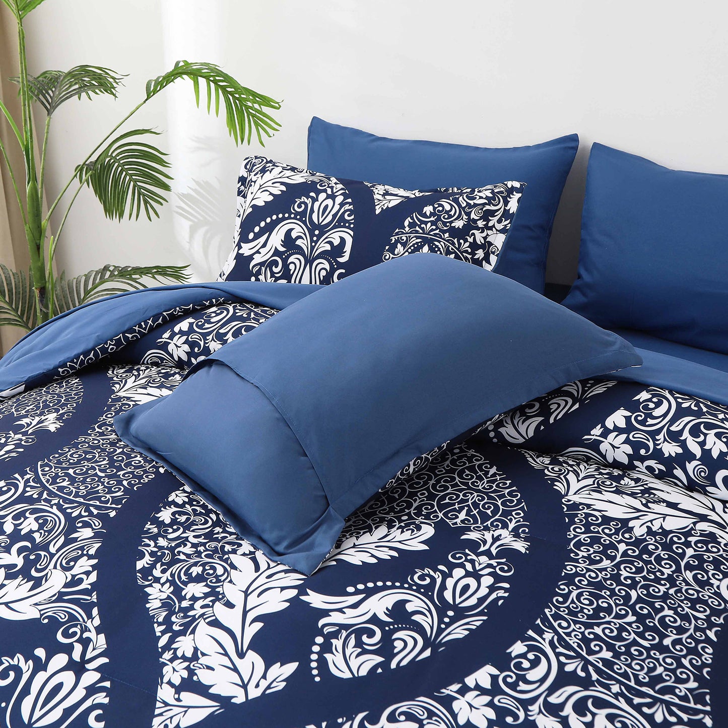 WONGS BEDDING Blue Paisley 7pcs Comforter Queen Size,Soft Bed in a Bag Microfiber All Ages(90"X96")