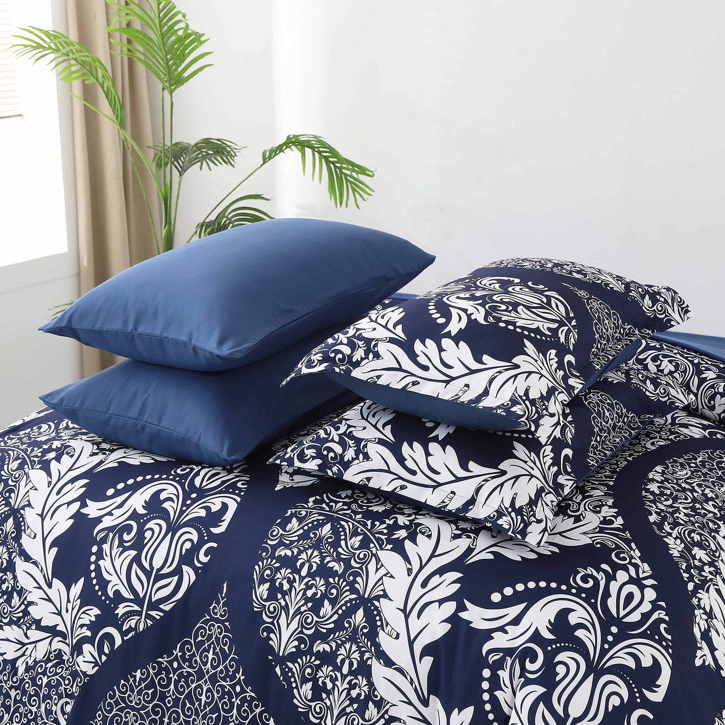 WONGS BEDDING Blue Paisley 7pcs Comforter Queen Size,Soft Bed in a Bag Microfiber All Ages(90"X96")