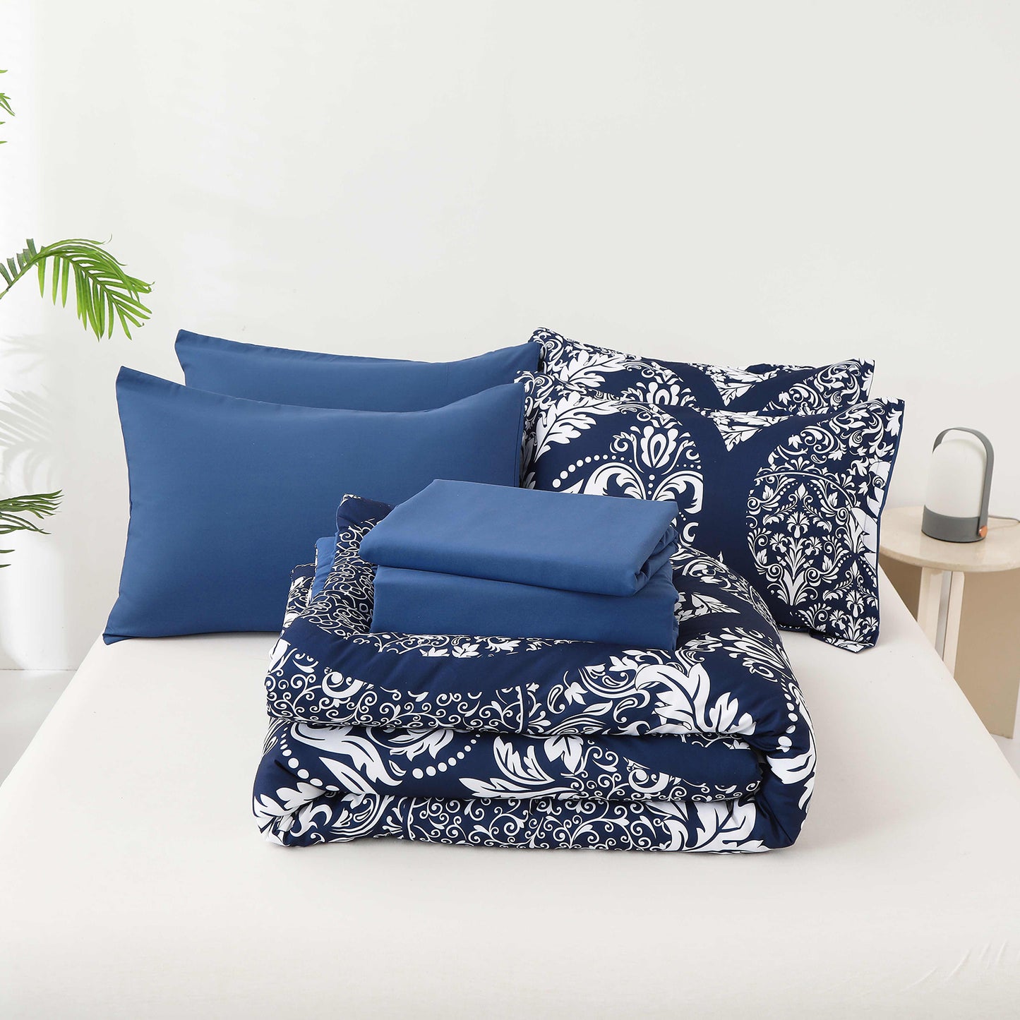 WONGS BEDDING Blue Paisley 7pcs Comforter Queen Size,Soft Bed in a Bag Microfiber All Ages(90"X96")