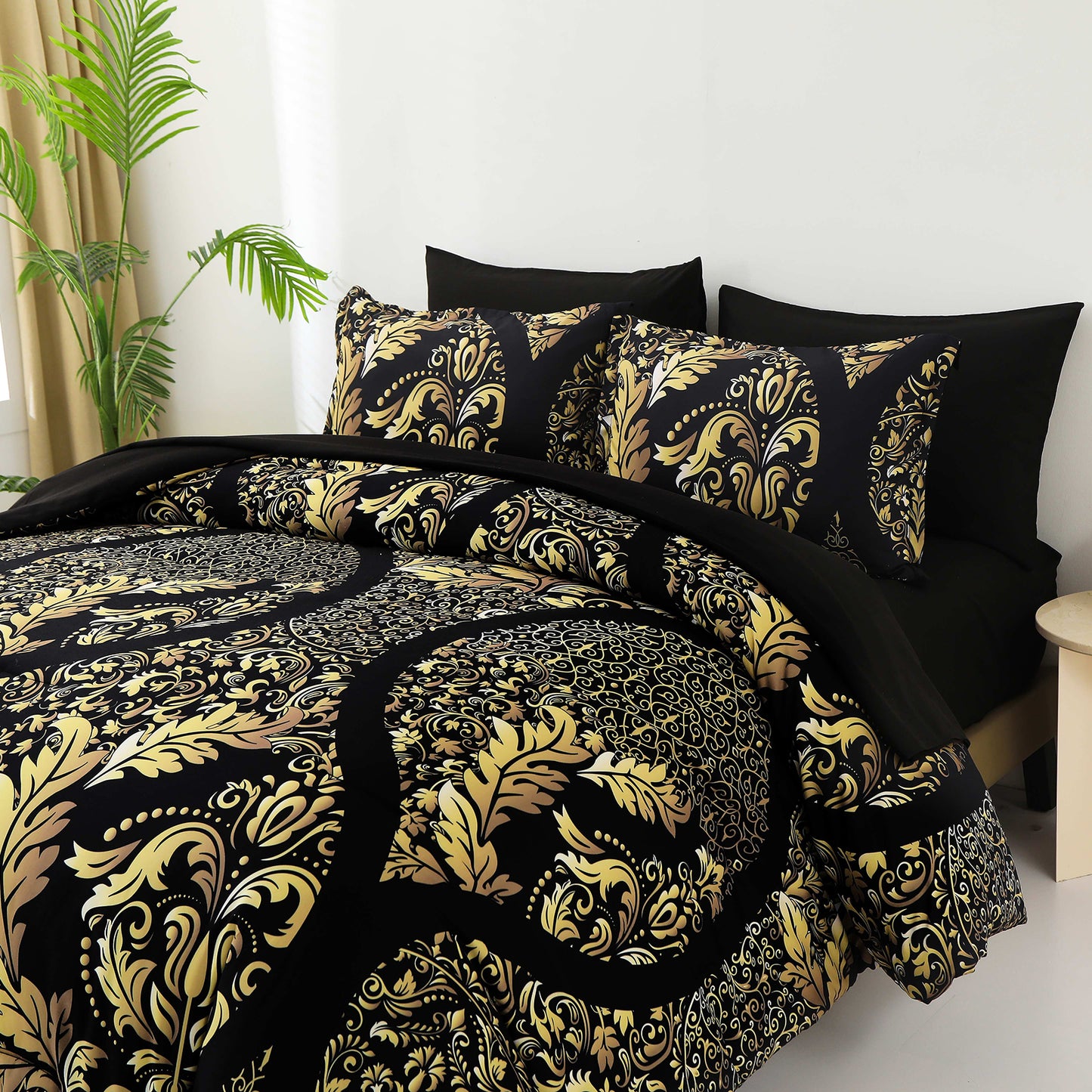 WONGS BEDDING Glod Paisley 7pcs Comforter Queen Size,Soft Bed in a Bag Microfiber All Ages(90"X96")