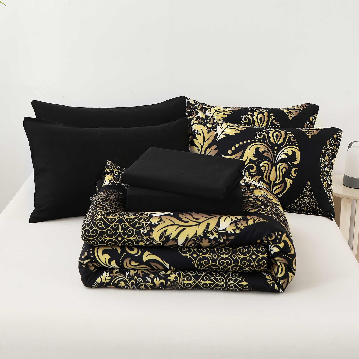 WONGS BEDDING Glod Paisley 7pcs Comforter Queen Size,Soft Bed in a Bag Microfiber All Ages(90"X96")