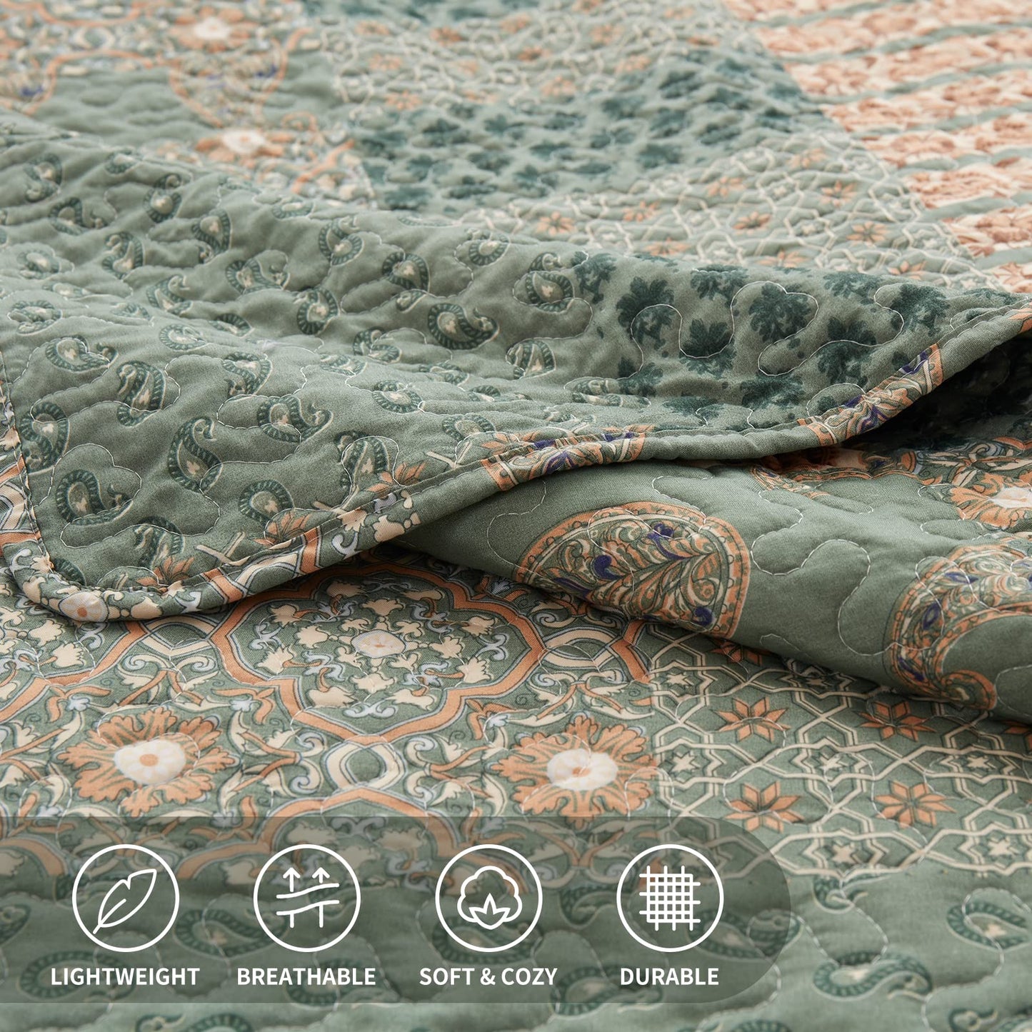 WONGS BEDDING Grid Patchwork Quilt Set Queen Size,3 Pcs Green Bedspread Set Lightweight Coverlet(90"x 96")
