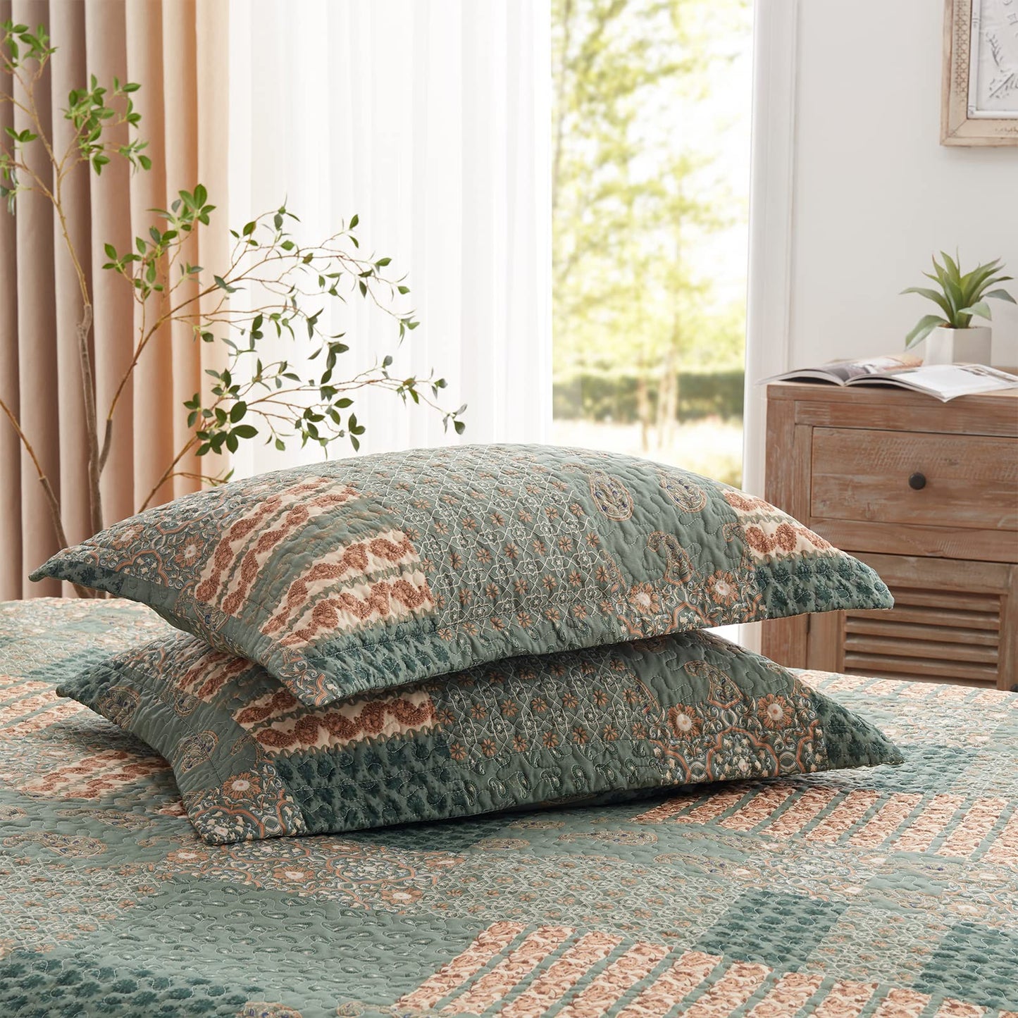 WONGS BEDDING Grid Patchwork Quilt Set Queen Size,3 Pcs Green Bedspread Set Lightweight Coverlet(90"x 96")