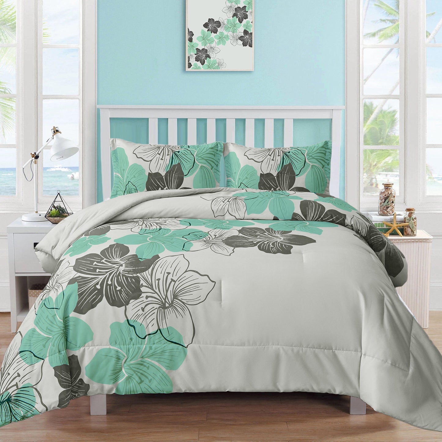 WONGS BEDDING Floral Boho Comforter Queen Size,3 Pcs Green Flowers Microfiber Bedding Set(90"x96")