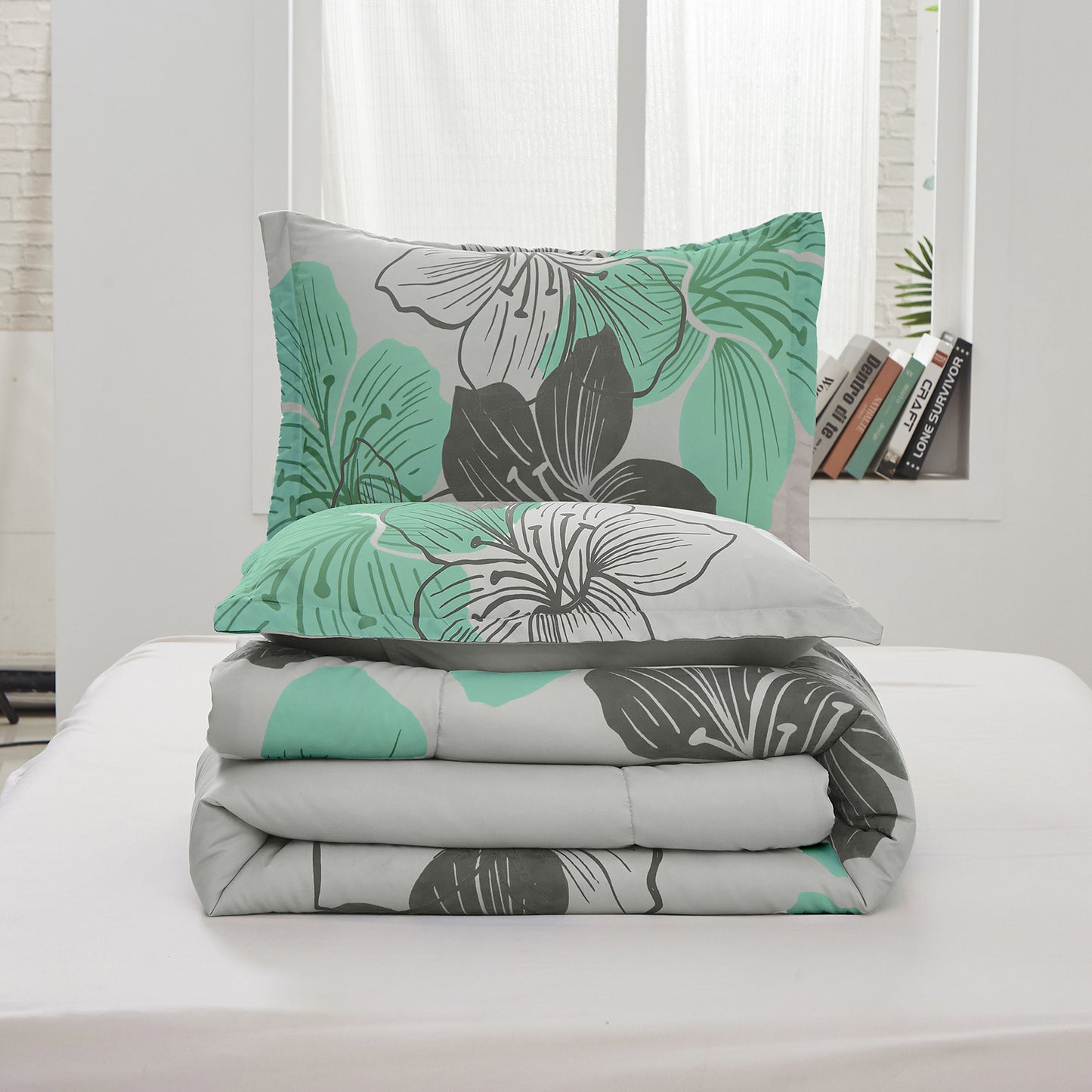 WONGS BEDDING Floral Boho Comforter Queen Size,3 Pcs Green Flowers Microfiber Bedding Set(90"x96")