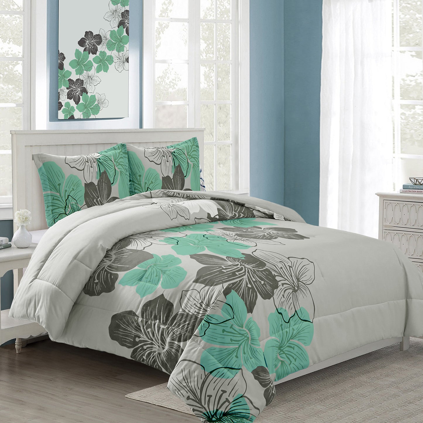 WONGS BEDDING Floral Boho Comforter Queen Size,3 Pcs Green Flowers Microfiber Bedding Set(90"x96")