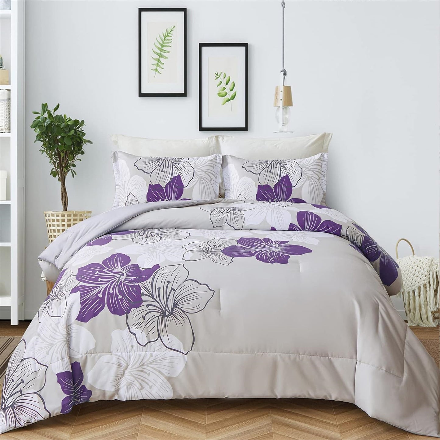 WONGS BEDDING Floral Bohemian Comforter King Size,3 Pcs Purple Flowers Microfiber Bedding Set(90"x104")