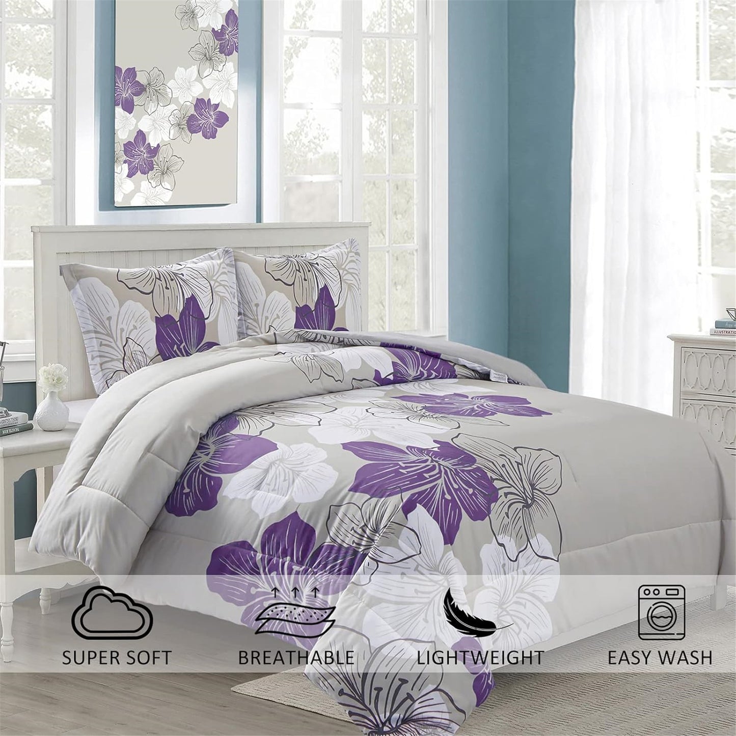 WONGS BEDDING Floral Bohemian Comforter King Size,3 Pcs Purple Flowers Microfiber Bedding Set(90"x104")