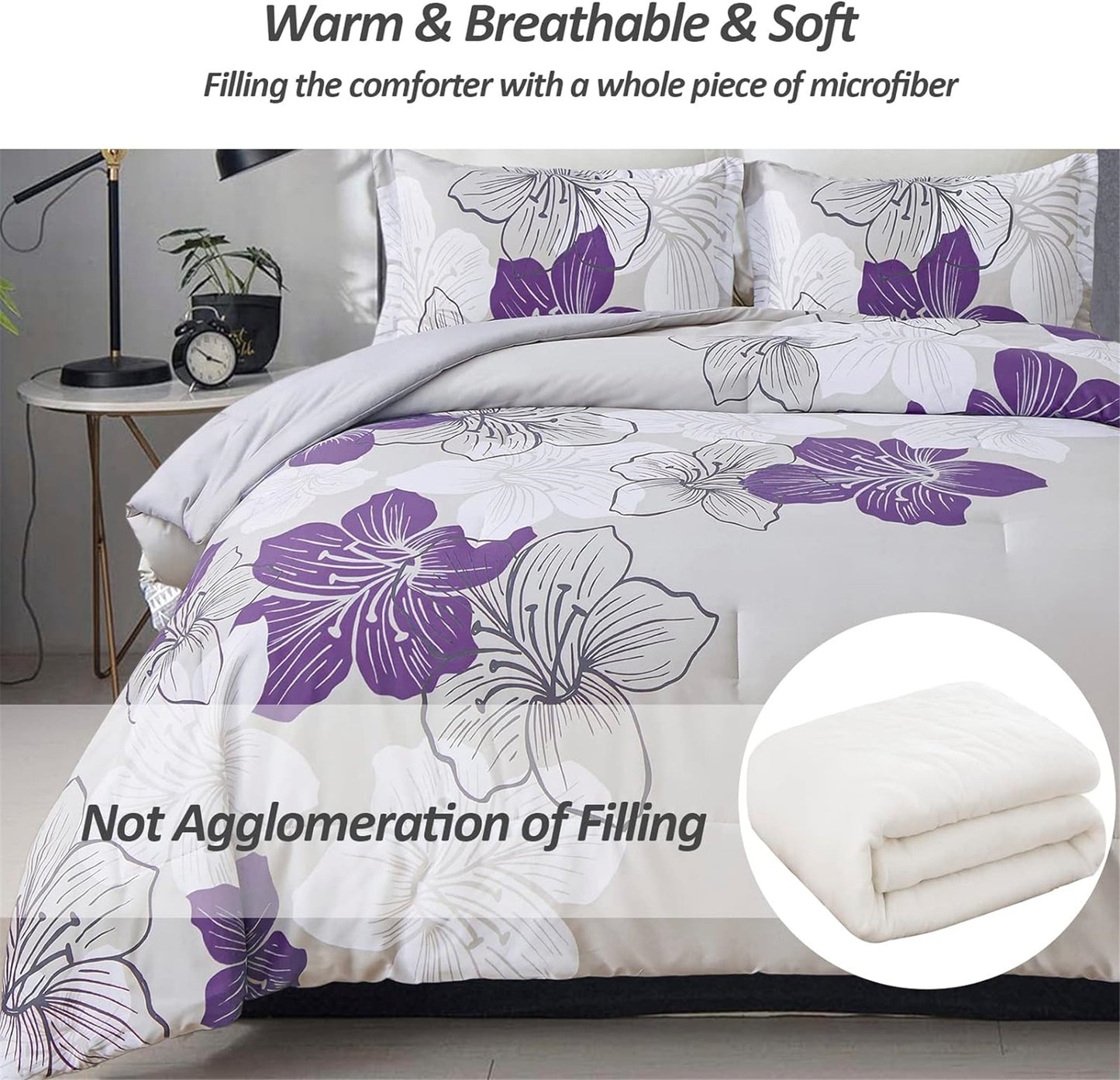 WONGS BEDDING Floral Bohemian Comforter King Size,3 Pcs Purple Flowers Microfiber Bedding Set(90"x104")