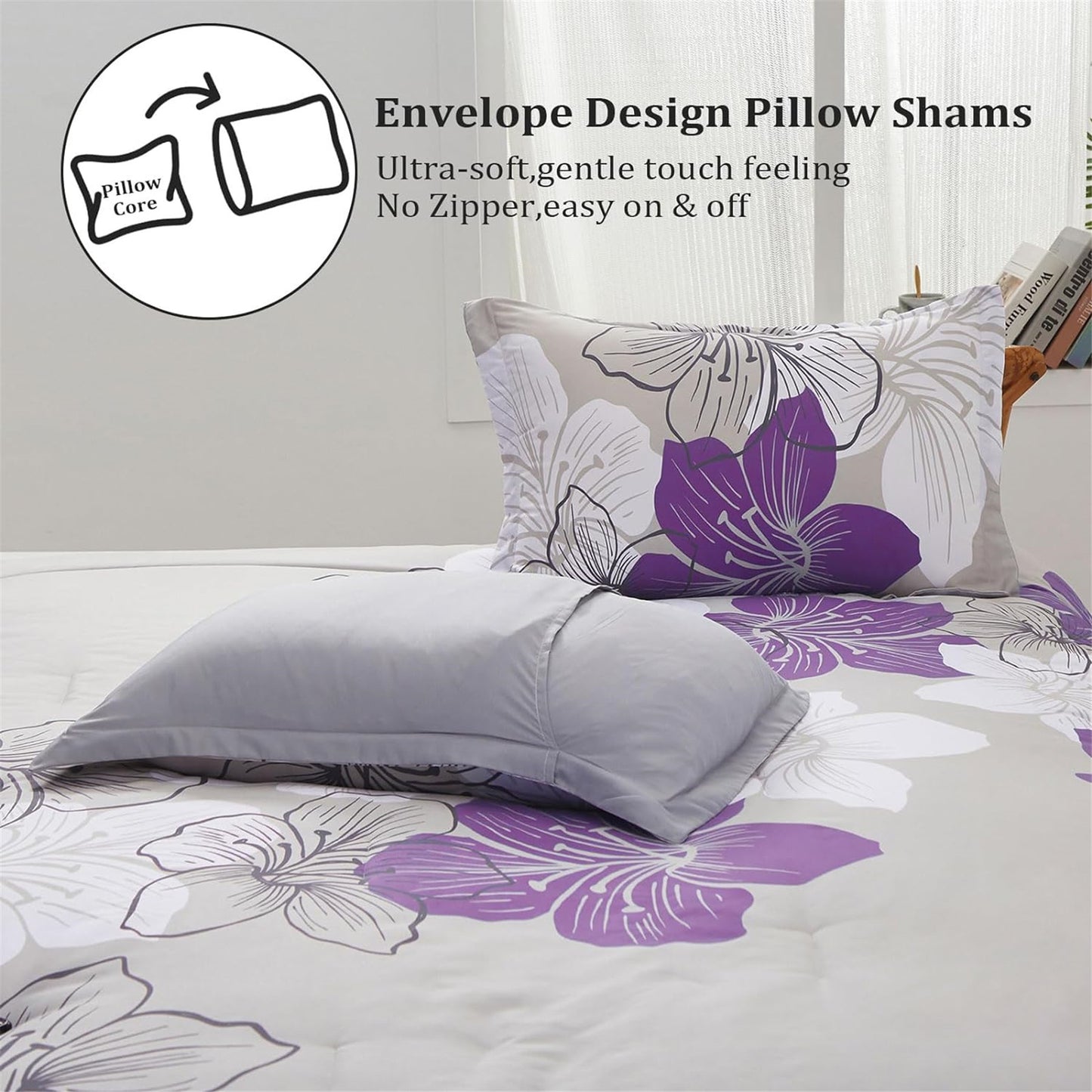 WONGS BEDDING Floral Bohemian Comforter King Size,3 Pcs Purple Flowers Microfiber Bedding Set(90"x104")