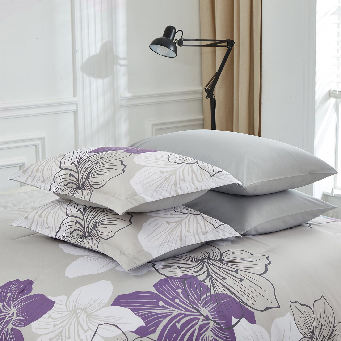 WONGS BEDDING Floral Bohemian Comforter King Size,3 Pcs Purple Flowers Microfiber Bedding Set(90"x104")