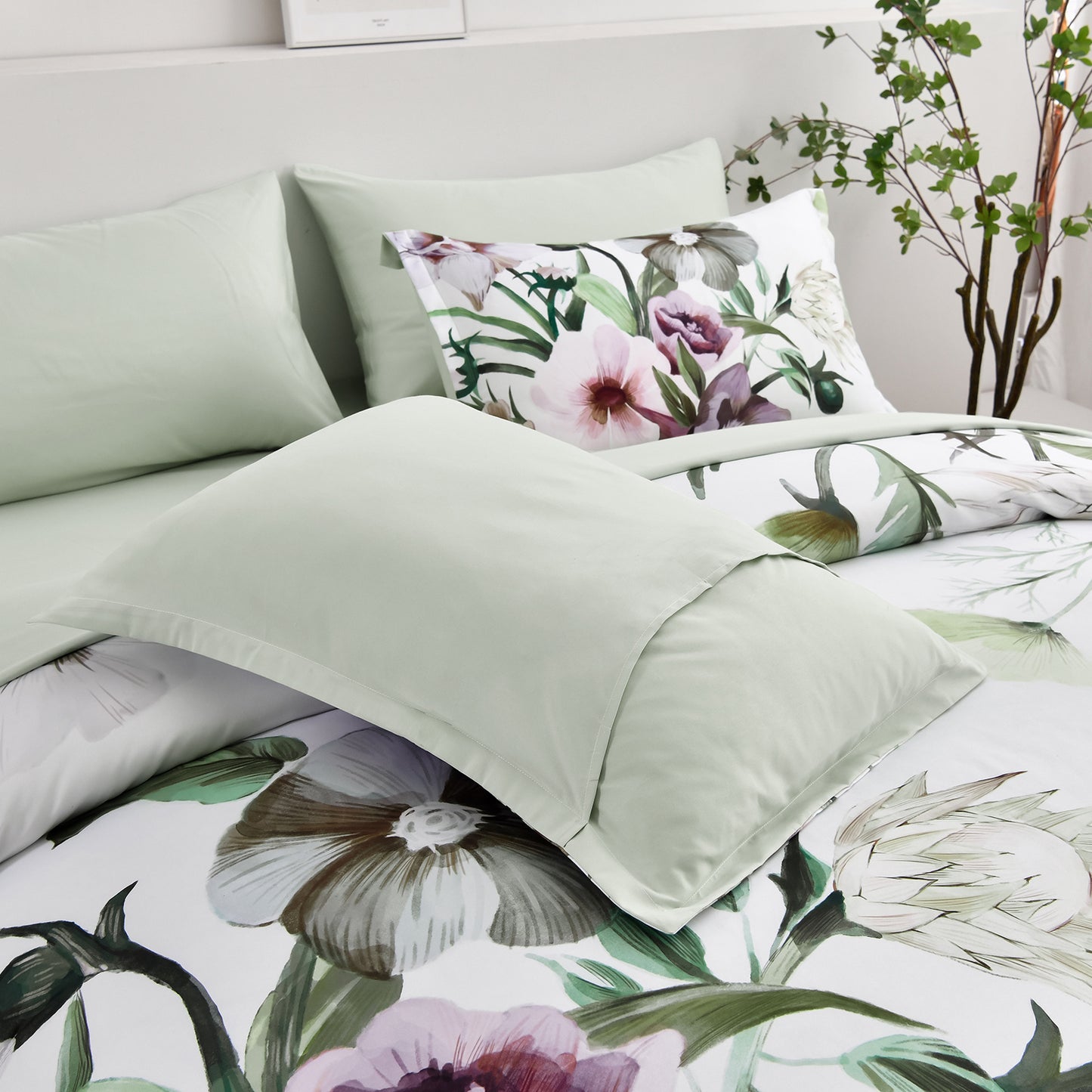 WONGS BEDDING Green Floral Comforter Queen Size,3 Pcs Flowers Microfiber Bedding Set(90"x96")