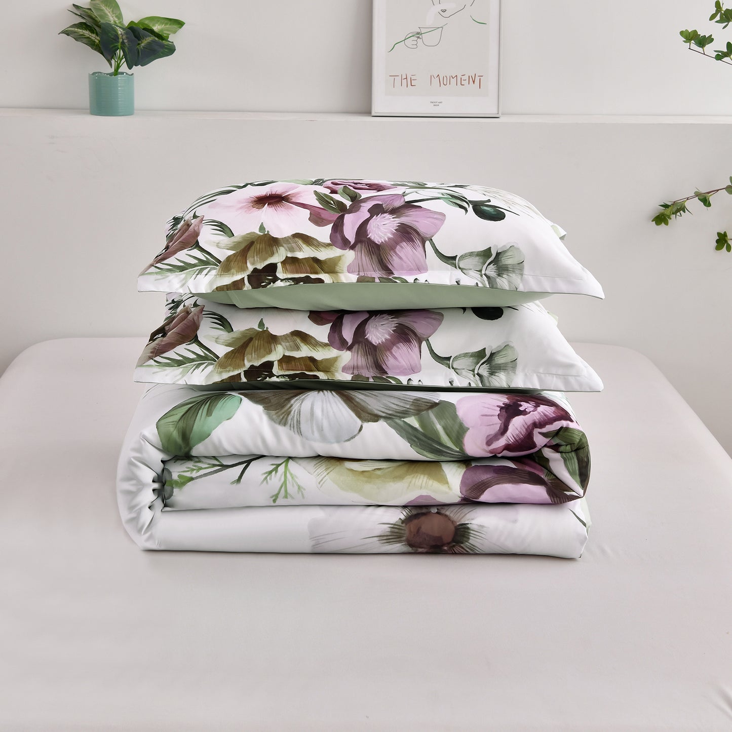 WONGS BEDDING Green Floral Comforter Queen Size,3 Pcs Flowers Microfiber Bedding Set(90"x96")
