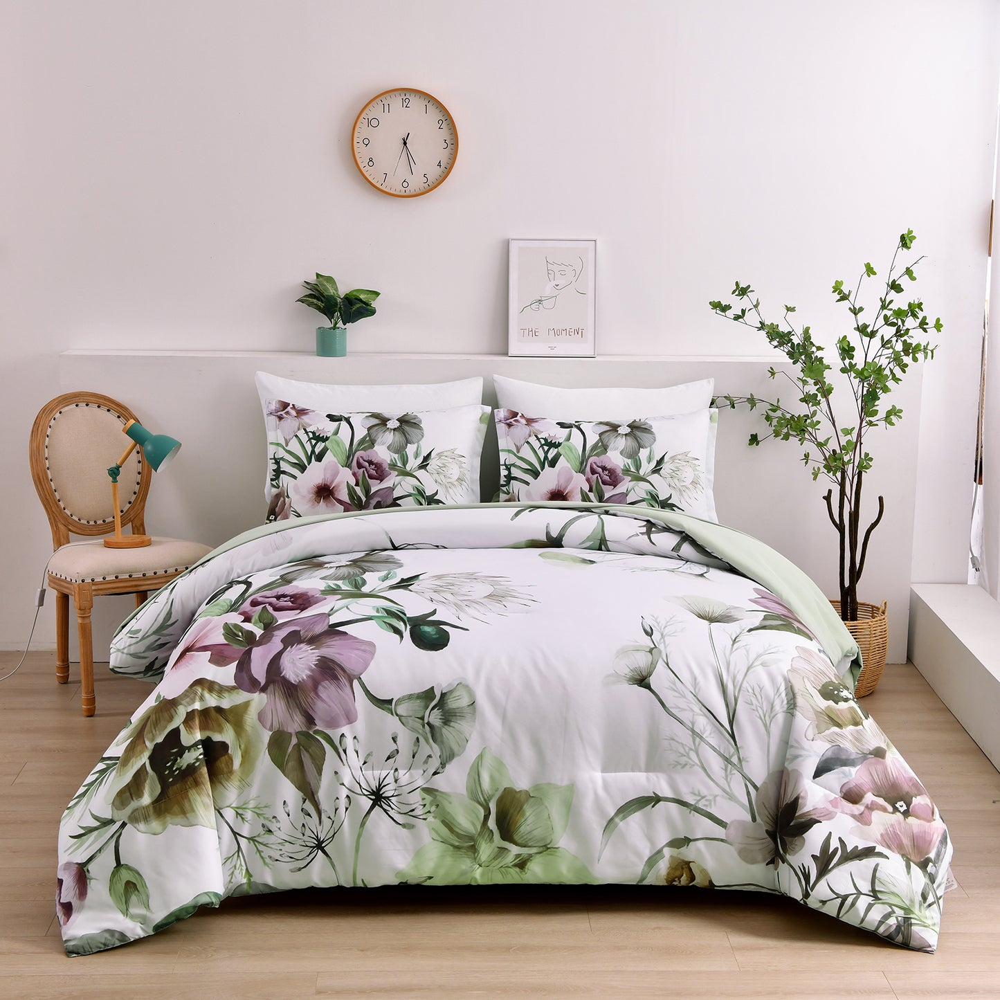 WONGS BEDDING Green Floral Comforter Queen Size,3 Pcs Flowers Microfiber Bedding Set(90"x96")