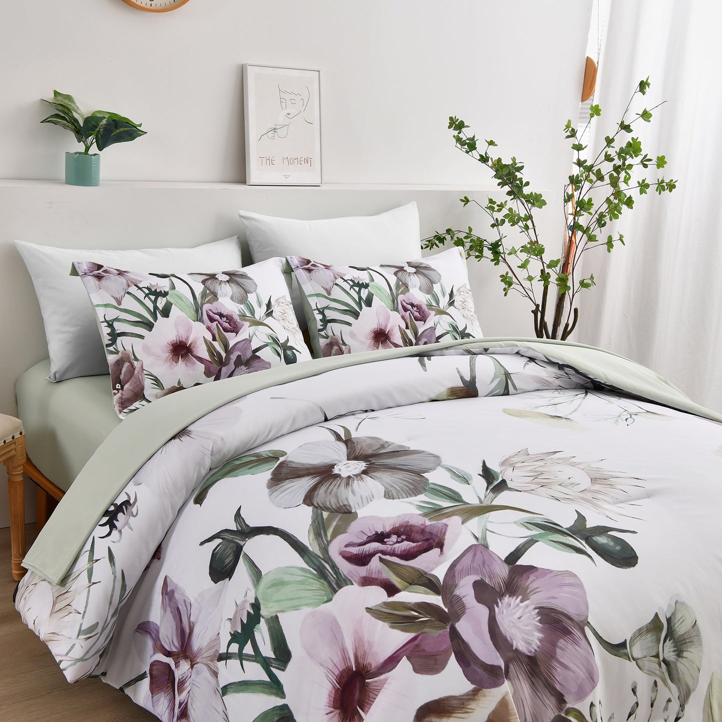 WONGS BEDDING Green Floral Comforter Queen Size,3 Pcs Flowers Microfiber Bedding Set(90"x96")
