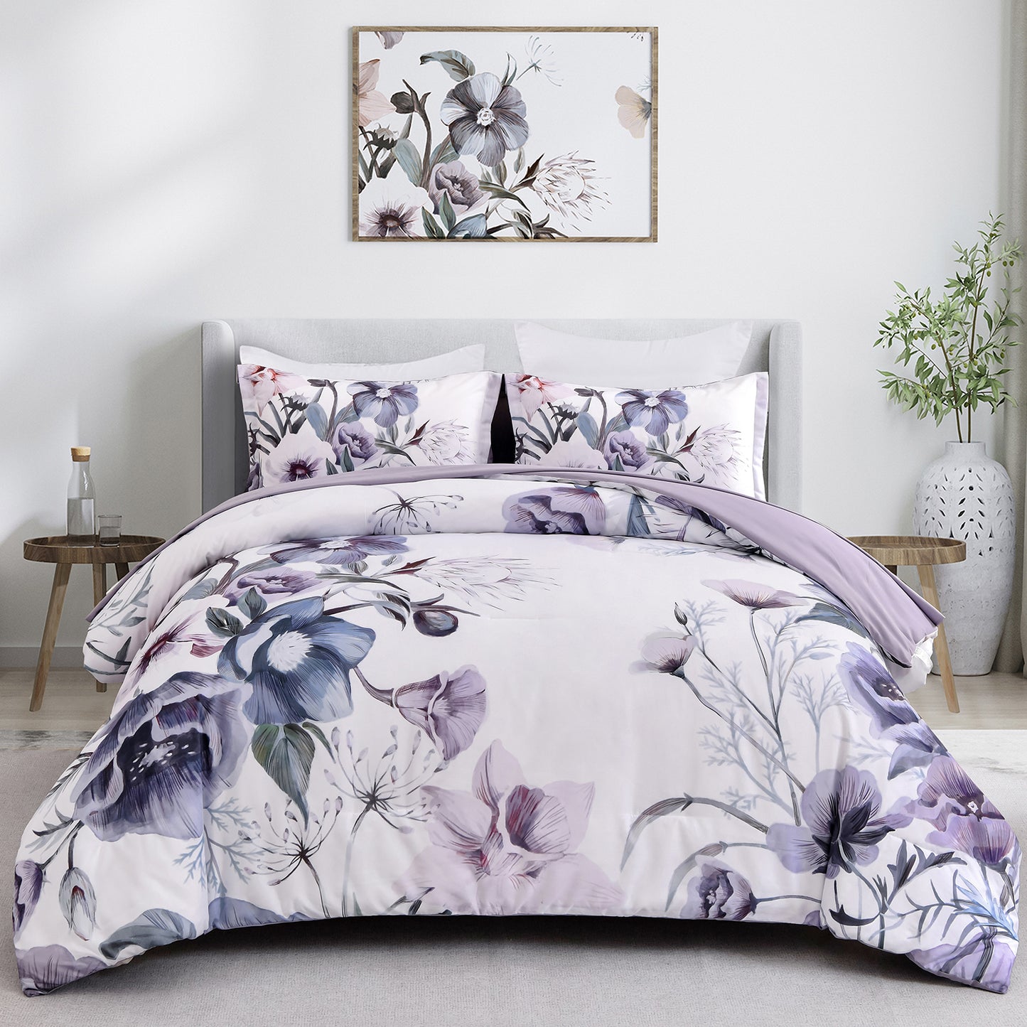 WONGS BEDDING Floral Comforter Queen,3Pcs Purple Flowers Microfiber Bedding Set All Ages(90"x96")
