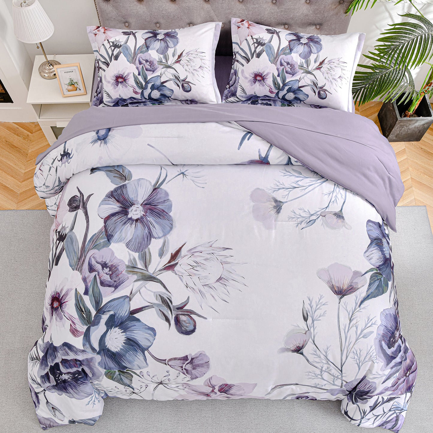 WONGS BEDDING Floral Comforter Queen,3Pcs Purple Flowers Microfiber Bedding Set All Ages(90"x96")