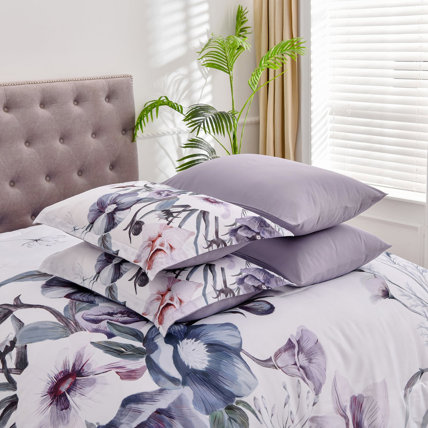 WONGS BEDDING Floral Comforter Queen,3Pcs Purple Flowers Microfiber Bedding Set All Ages(90"x96")