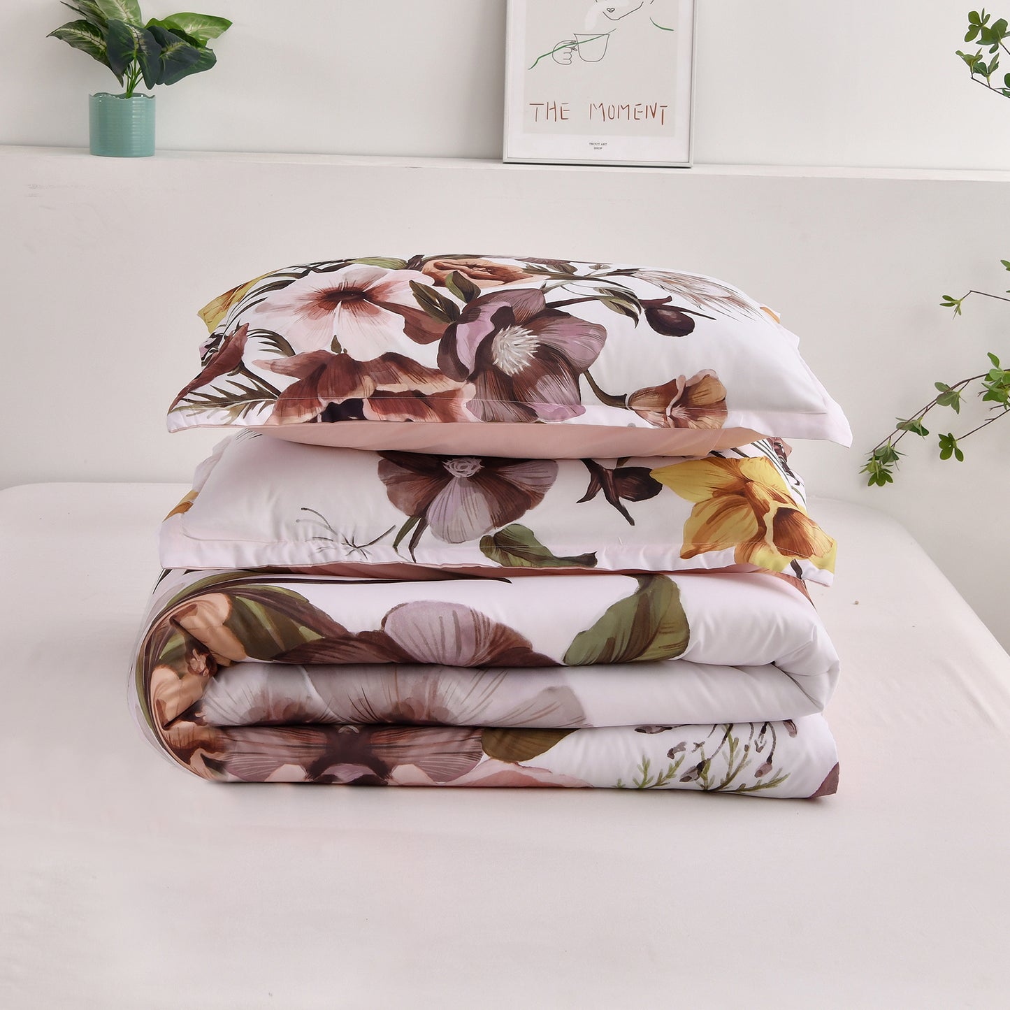 WONGS BEDDING Floral Comforter King Size,3Pcs Pink Flowers Microfiber Bedding Set All Ages(90"x104")