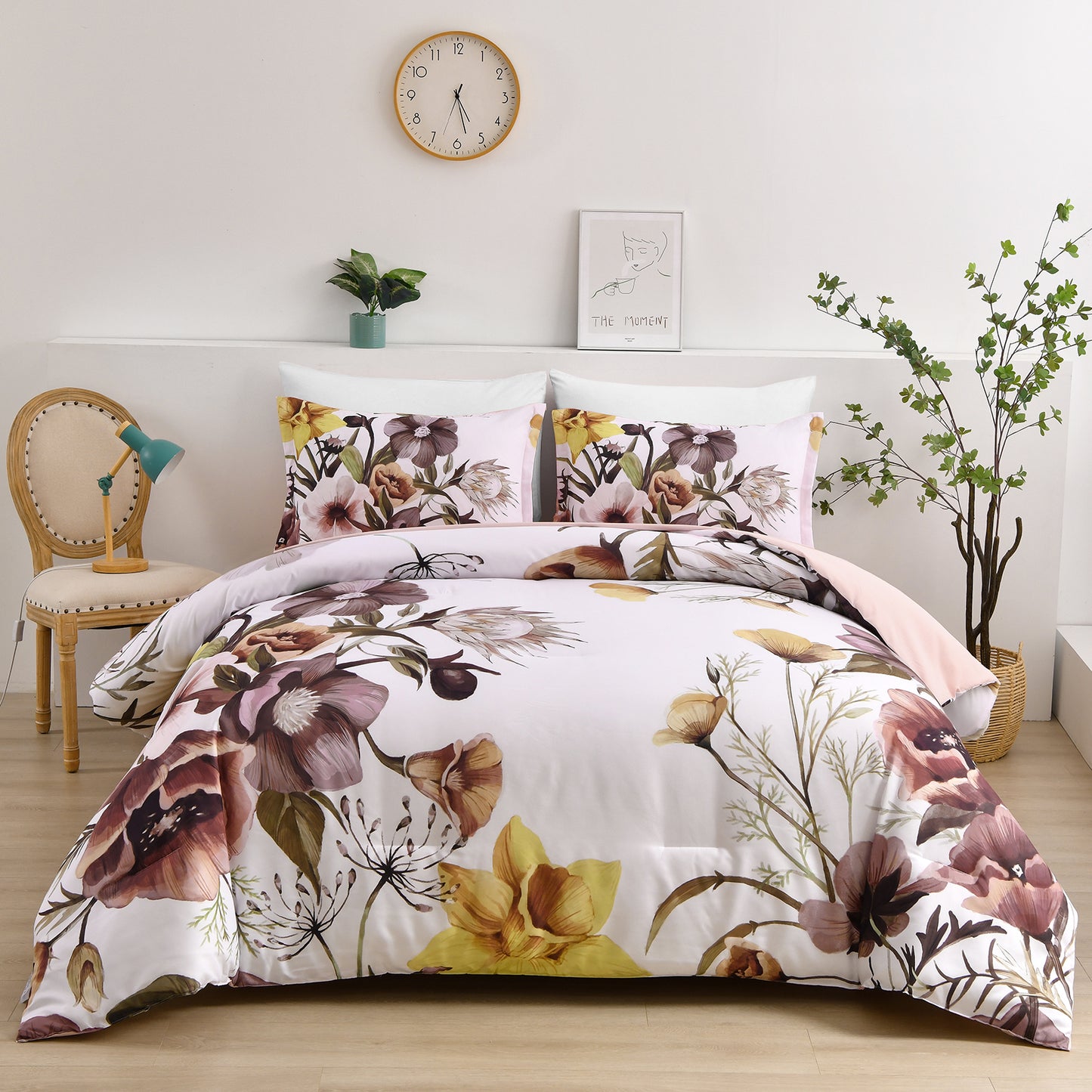 WONGS BEDDING Floral Comforter King Size,3Pcs Pink Flowers Microfiber Bedding Set All Ages(90"x104")
