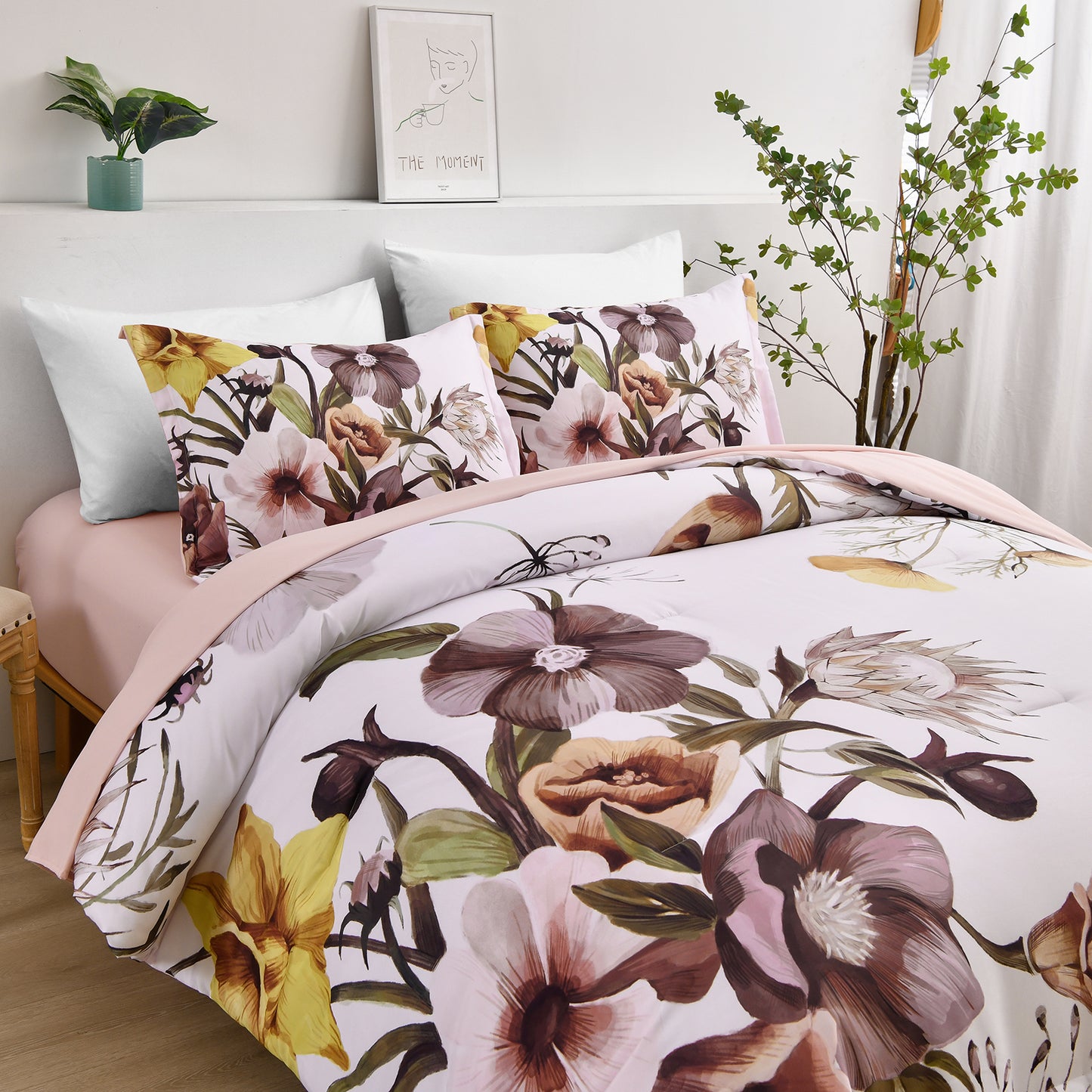 WONGS BEDDING Floral Comforter King Size,3Pcs Pink Flowers Microfiber Bedding Set All Ages(90"x104")