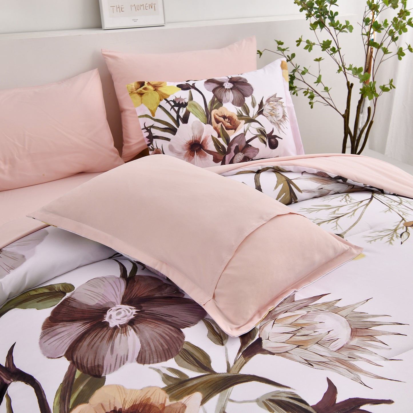 WONGS BEDDING Floral Comforter King Size,3Pcs Pink Flowers Microfiber Bedding Set All Ages(90"x104")