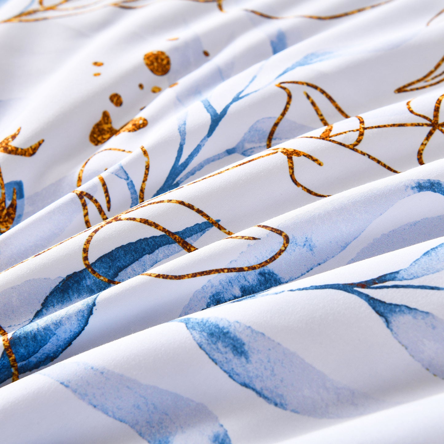 WONGS BEDDING Blue Floral Bed in a Bag Queen Size,7 Pcs Botanical Comforter Set Adult(90"x96")