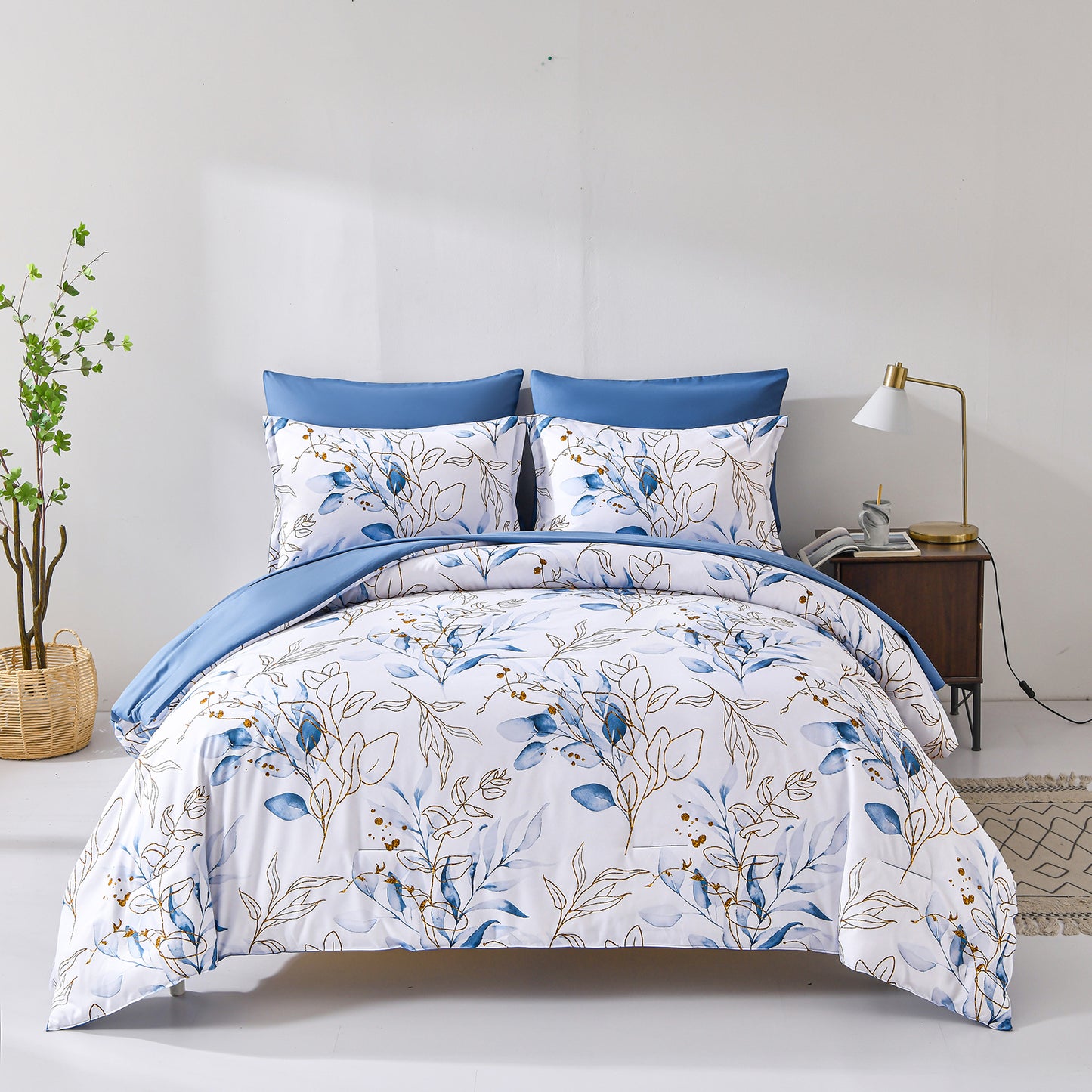 WONGS BEDDING Blue Floral Bed in a Bag Queen Size,7 Pcs Botanical Comforter Set Adult(90"x96")