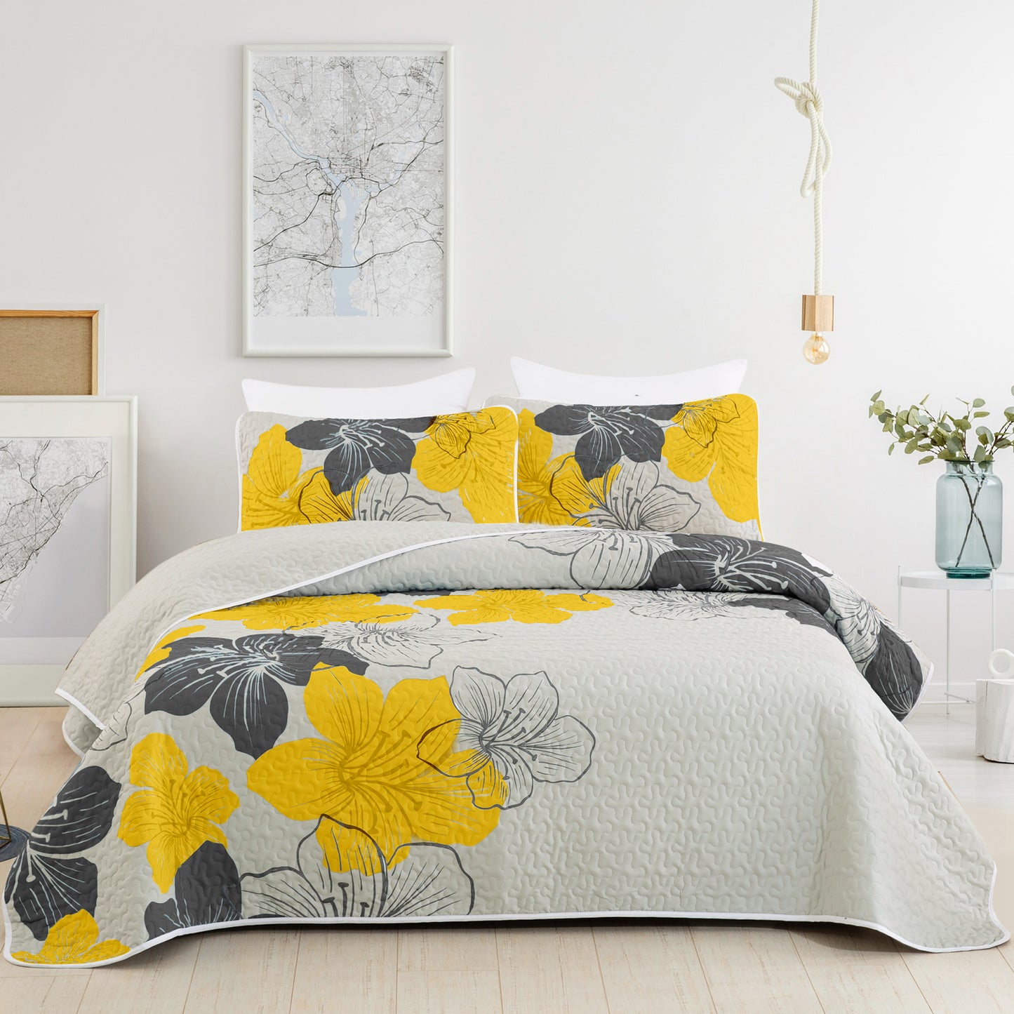 WONGS BEDDING Floral Quilt Set Queen Size,3 Pcs Yellow Bedspread Set Lightweight Coverlet(90"x 96")