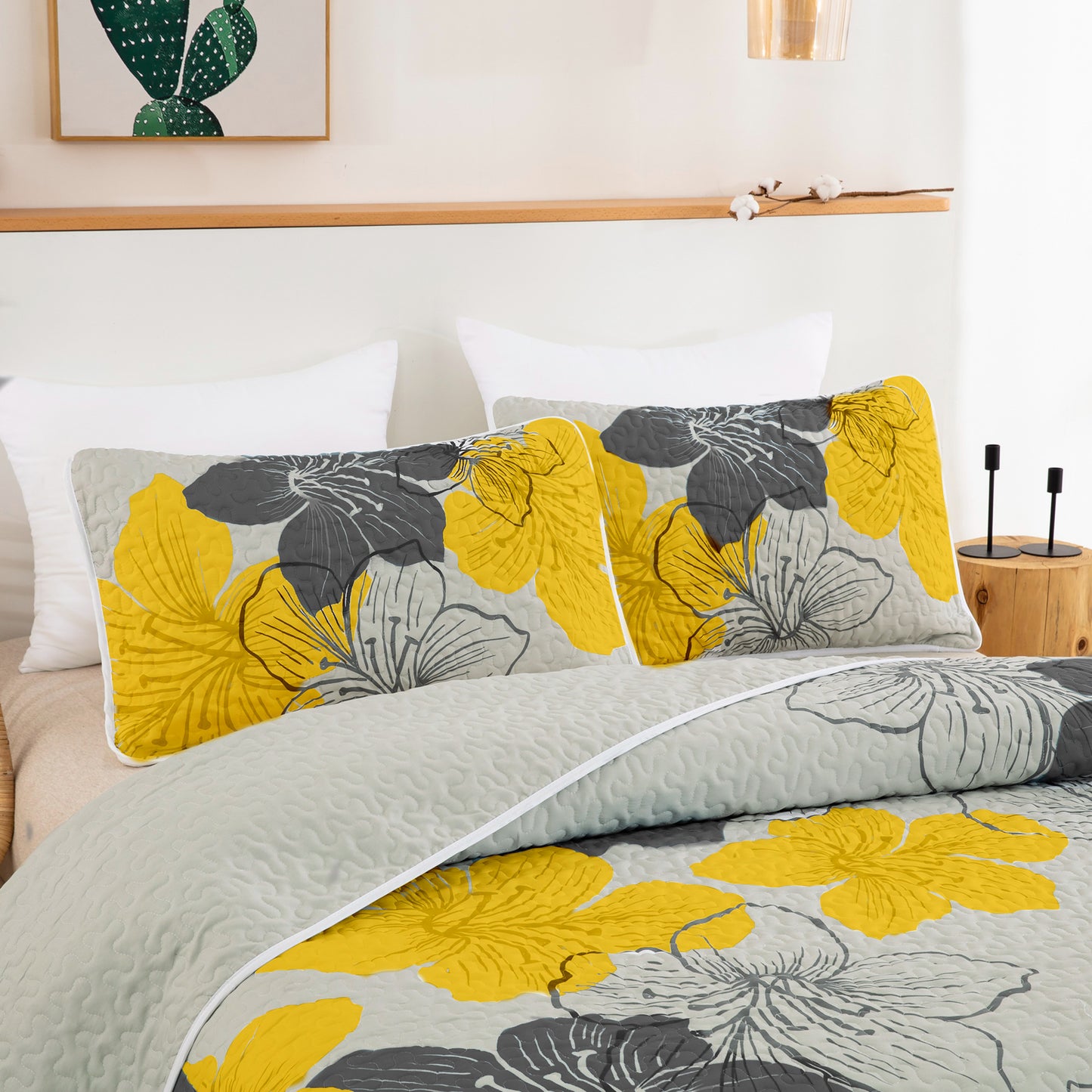WONGS BEDDING Floral Quilt Set Queen Size,3 Pcs Yellow Bedspread Set Lightweight Coverlet(90"x 96")