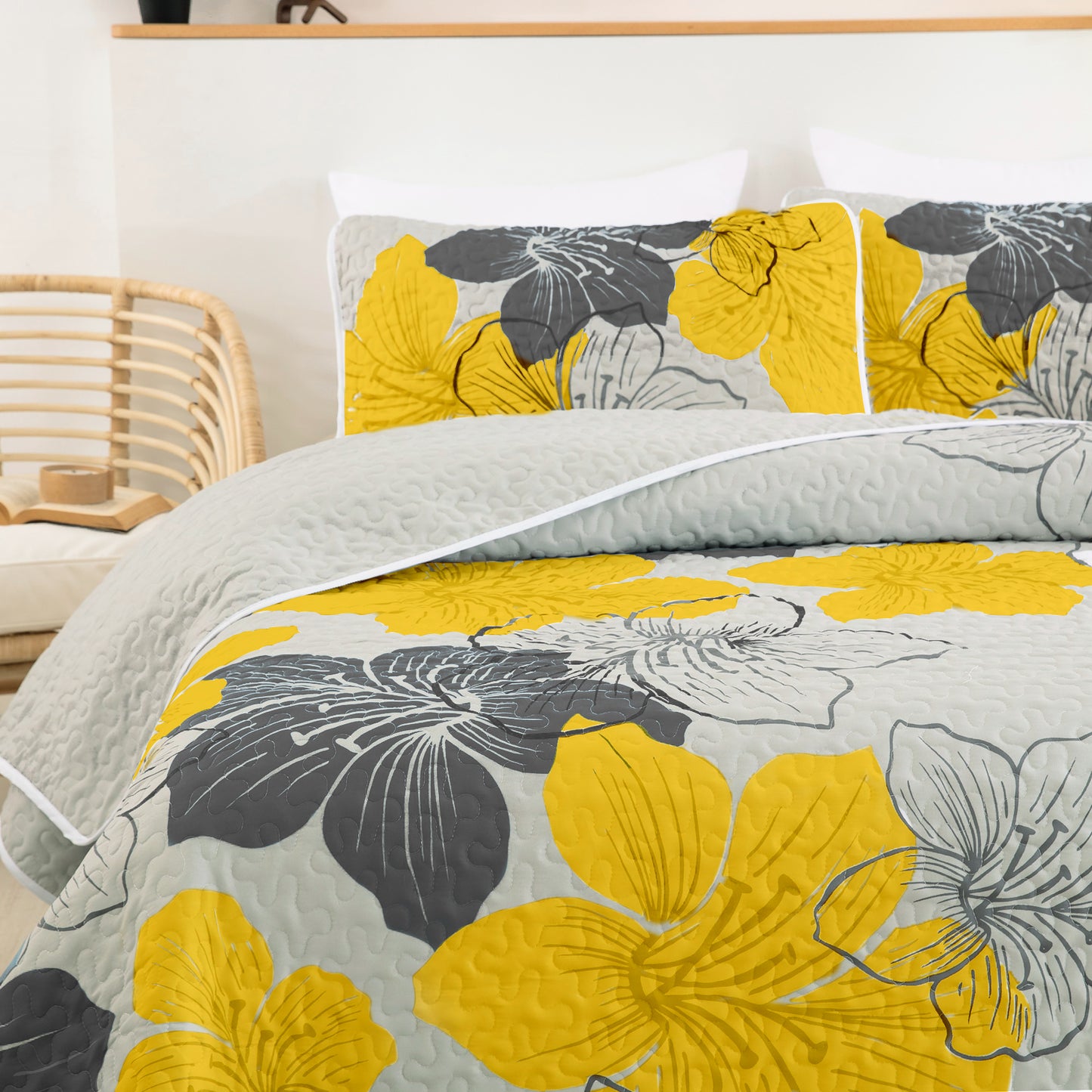 WONGS BEDDING Floral Quilt Set Queen Size,3 Pcs Yellow Bedspread Set Lightweight Coverlet(90"x 96")