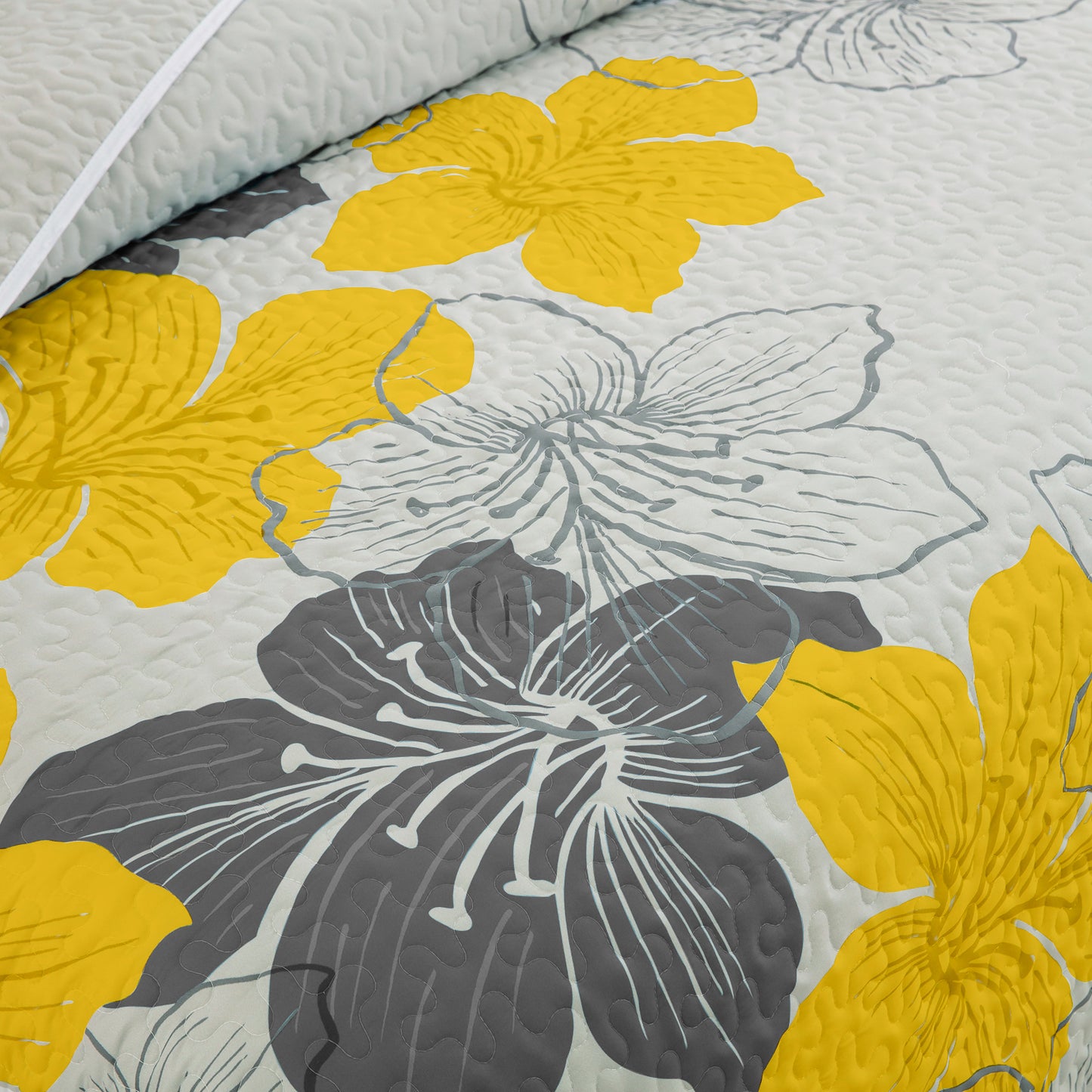 WONGS BEDDING Floral Quilt Set Queen Size,3 Pcs Yellow Bedspread Set Lightweight Coverlet(90"x 96")