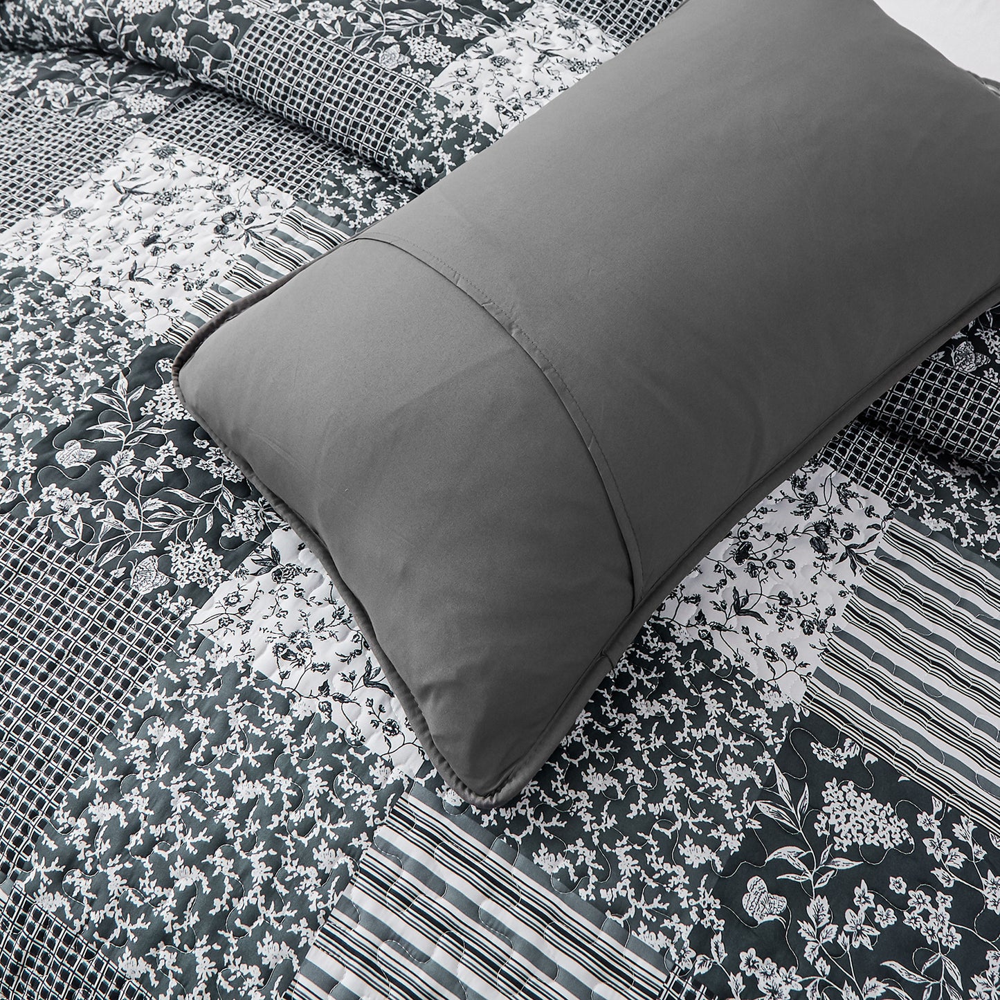 WONGS BEDDING Grid Patchwork Quilt Set King Size, 3 Pcs Gray Bedspread Set Lightweight Coverlet(90"x104")