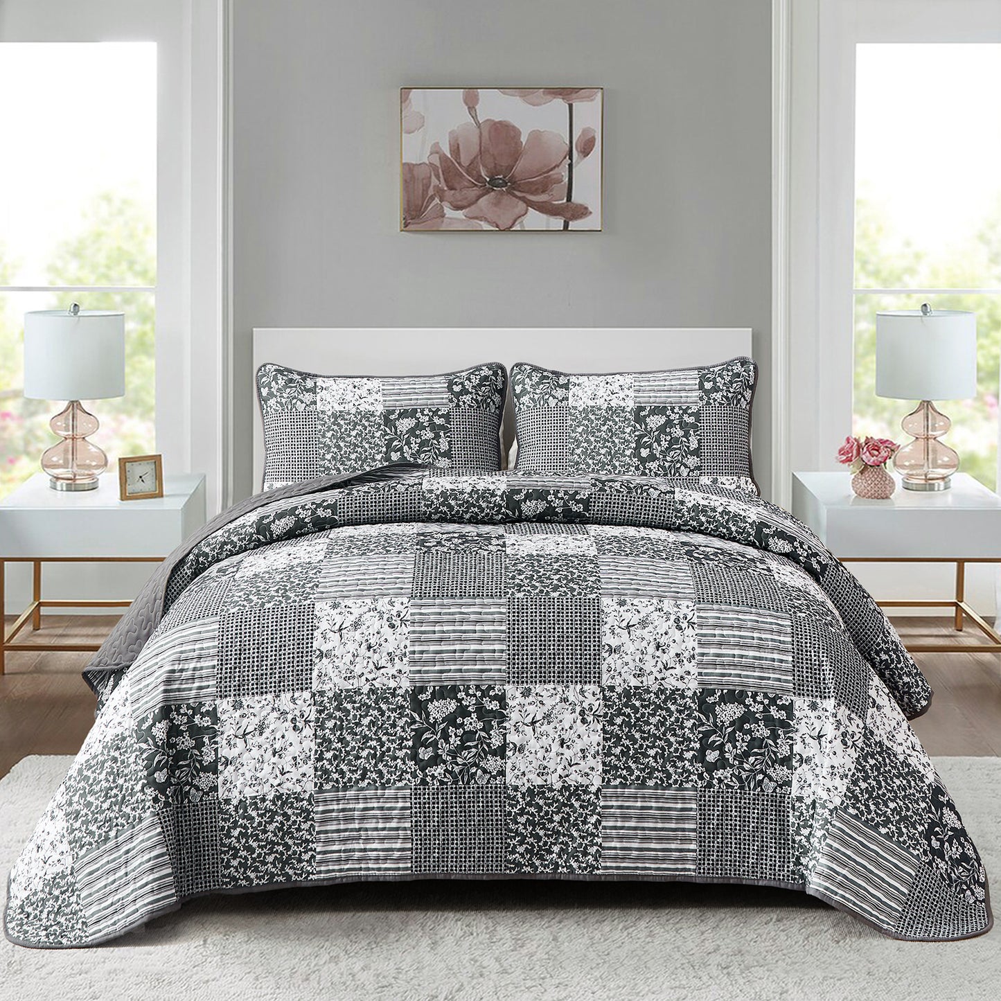 WONGS BEDDING Grid Patchwork Quilt Set King Size, 3 Pcs Gray Bedspread Set Lightweight Coverlet(90"x104")