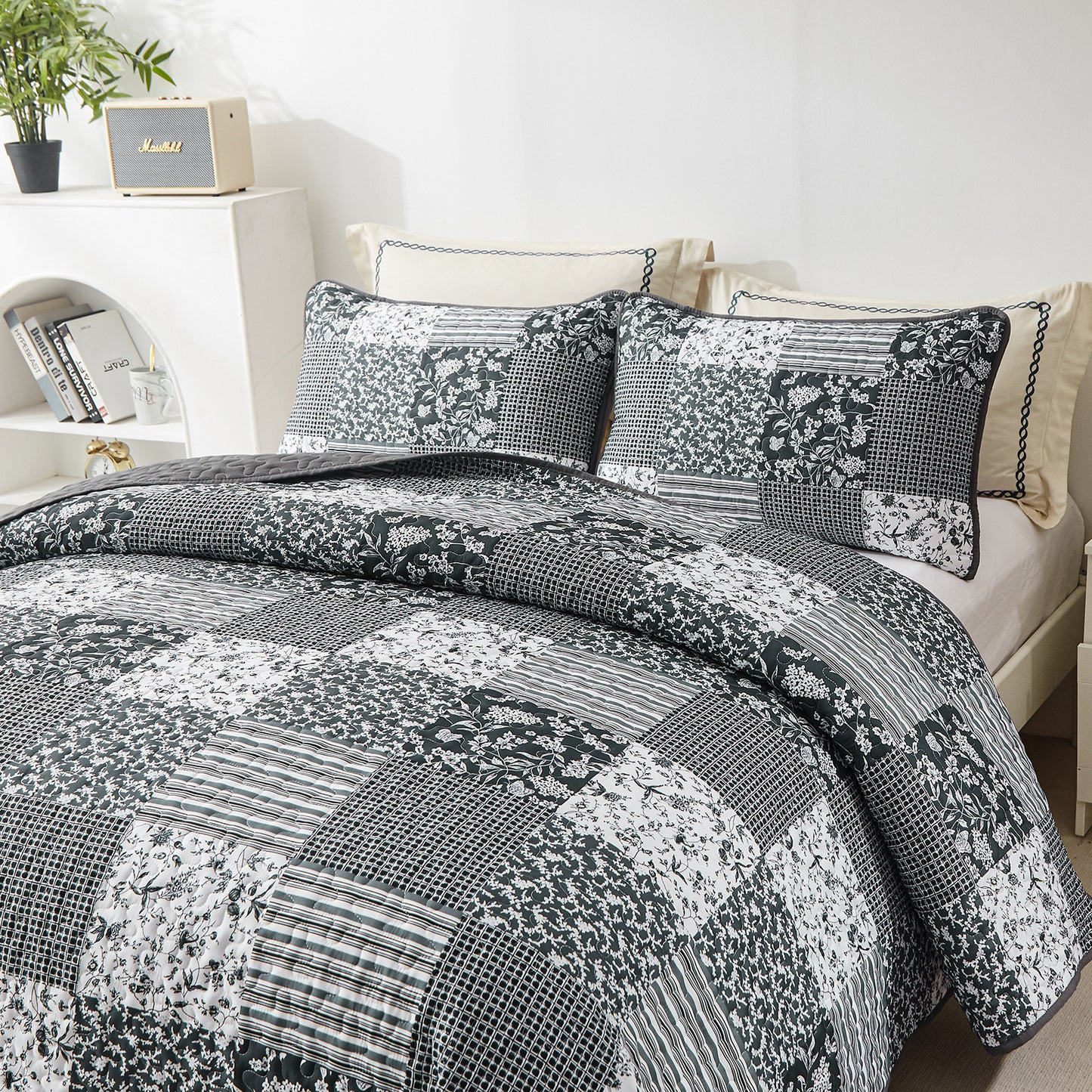 WONGS BEDDING Grid Patchwork Quilt Set King Size, 3 Pcs Gray Bedspread Set Lightweight Coverlet(90"x104")