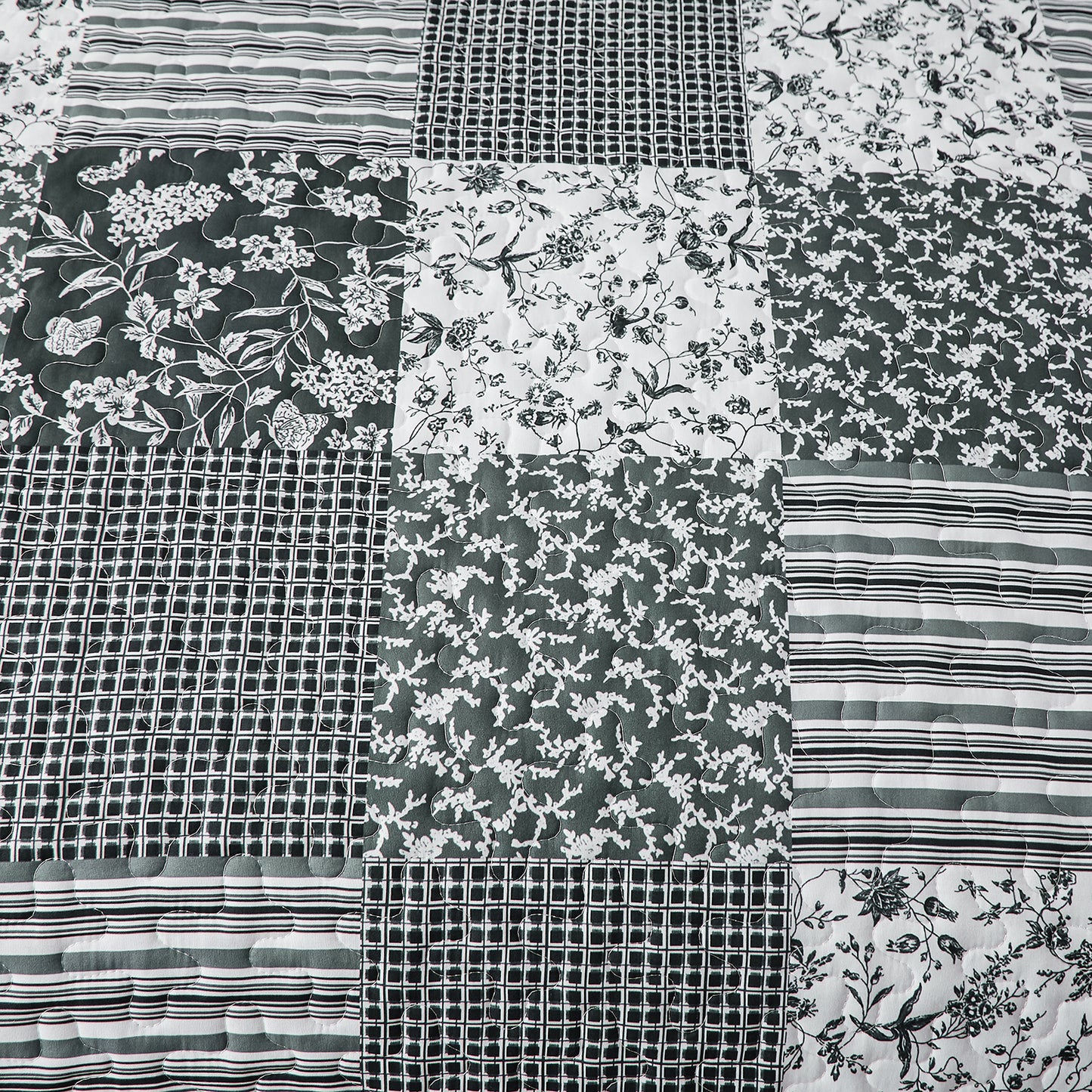 WONGS BEDDING Grid Patchwork Quilt Set King Size, 3 Pcs Gray Bedspread Set Lightweight Coverlet(90"x104")