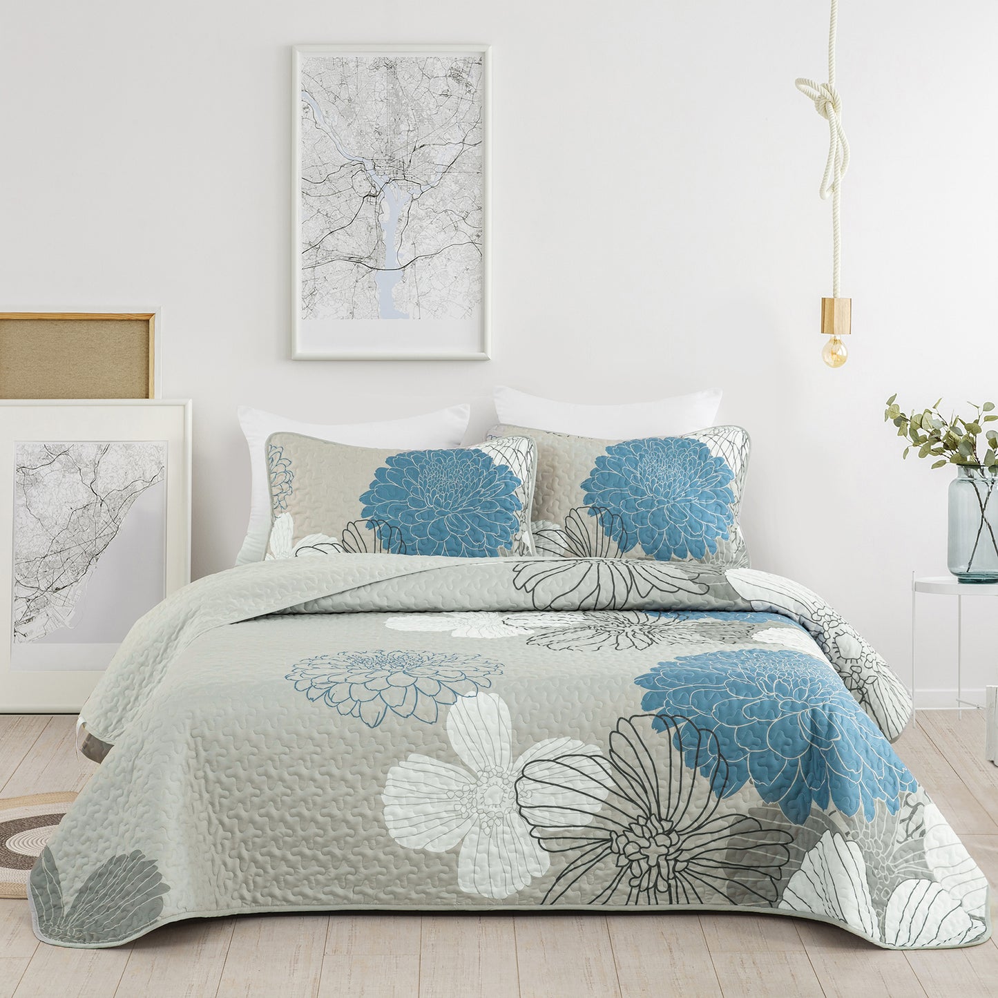 WONGS BEDDING Floral Quilt Set Queen Size,3 Pcs Blue Lightweight Coverlets for all Ages (90"x 96")