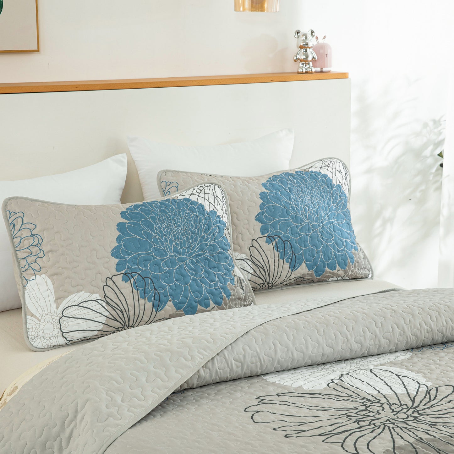 WONGS BEDDING Floral Quilt Set Queen Size,3 Pcs Blue Lightweight Coverlets for all Ages (90"x 96")