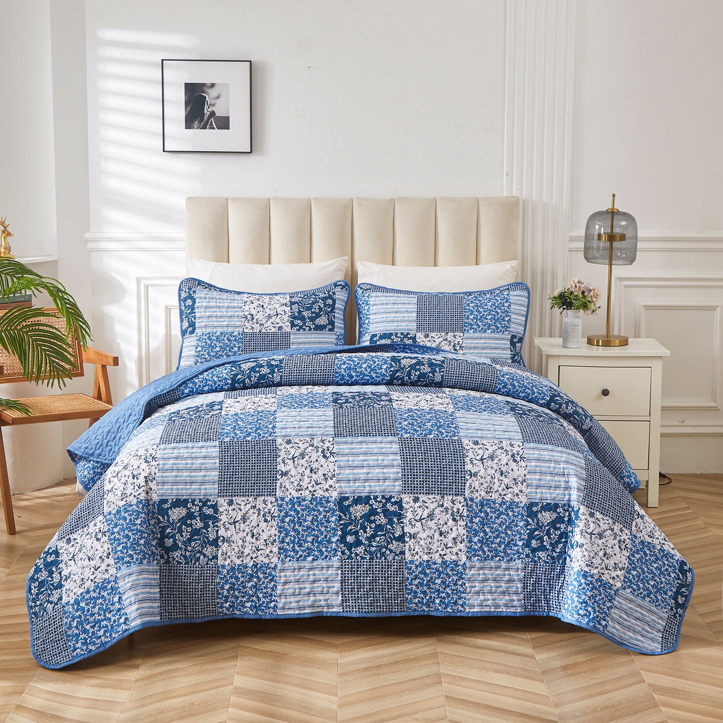 WONGS BEDDING Grid Patchwork Quilt Set Queen Size,3 Pcs Blue Bedspread Set Lightweight Coverlet(90"x 96")